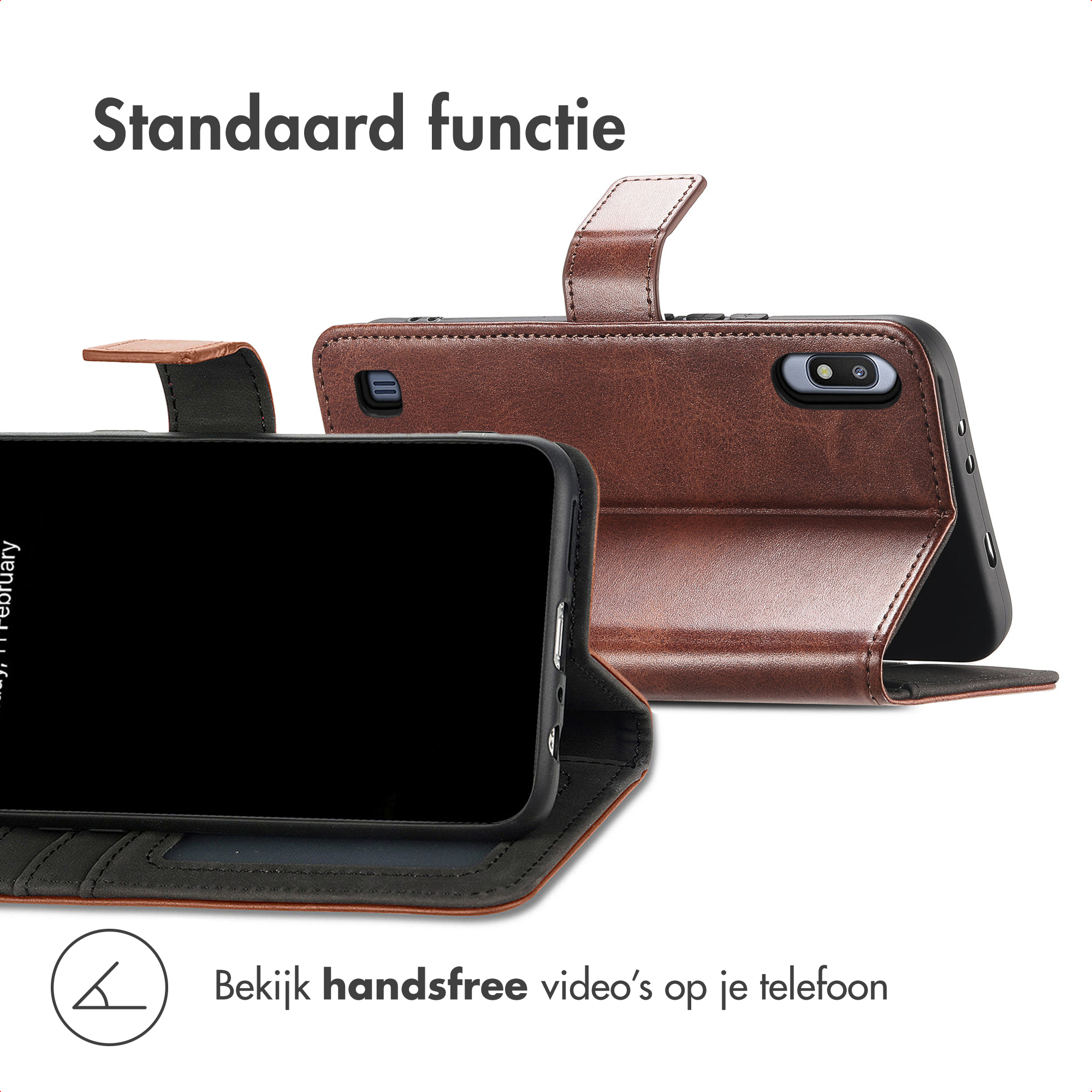 Bruine lederen hoes met standaardfunctie en handsfree video.