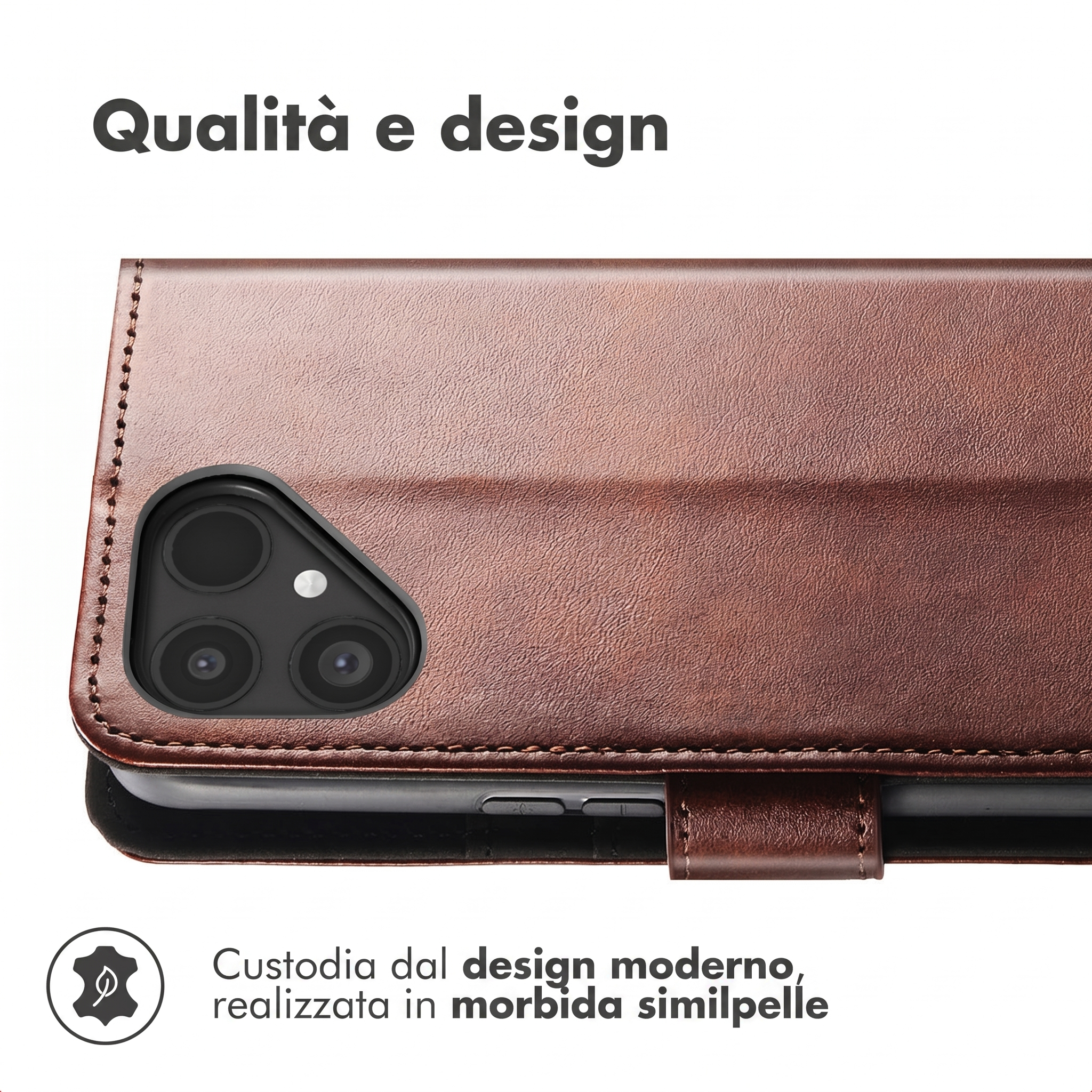 Bruine kunstleren telefoonhoes met camera-uitsparing en stiksels.