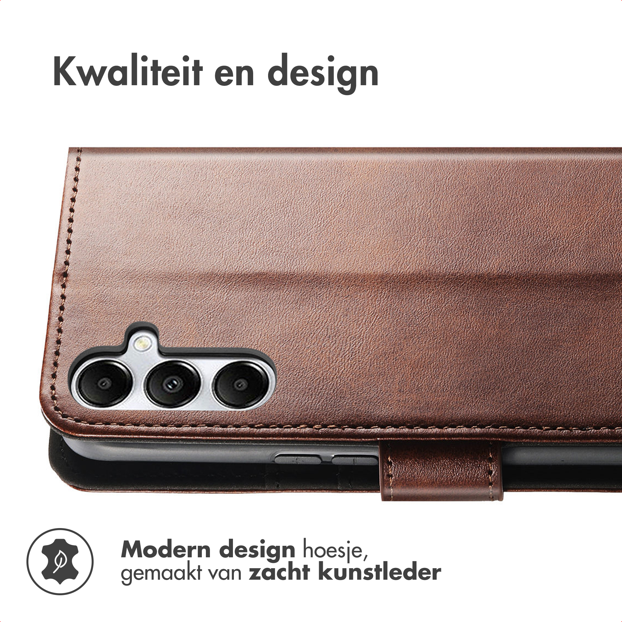 Braunes Kunstleder-Handyhülle mit Kamerausschnitt und Text.