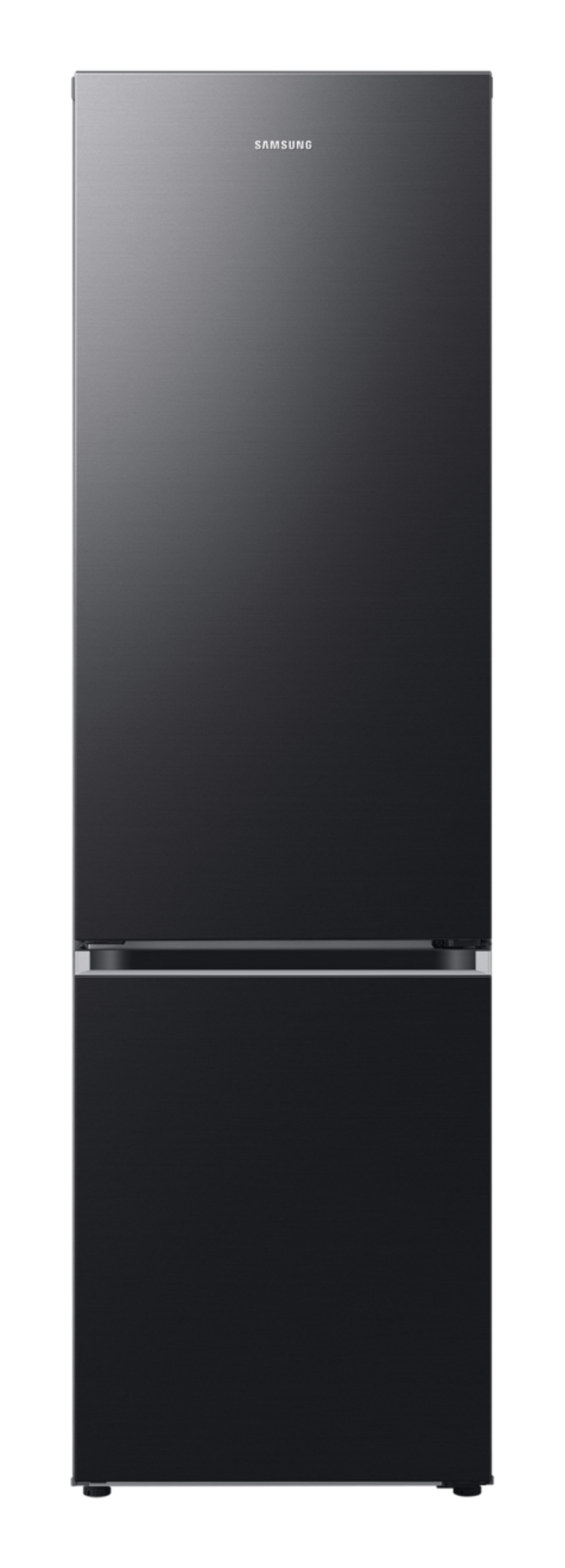 Ein schwarzer Samsung Kühlschrank mit Gefrierfach unten.