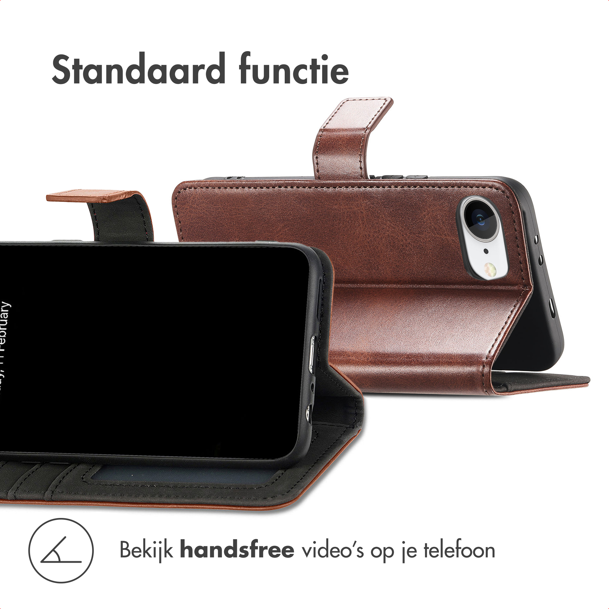 Braunes Leder-Handyhülle mit integriertem Ständer. Das Telefon ist im Querformat.