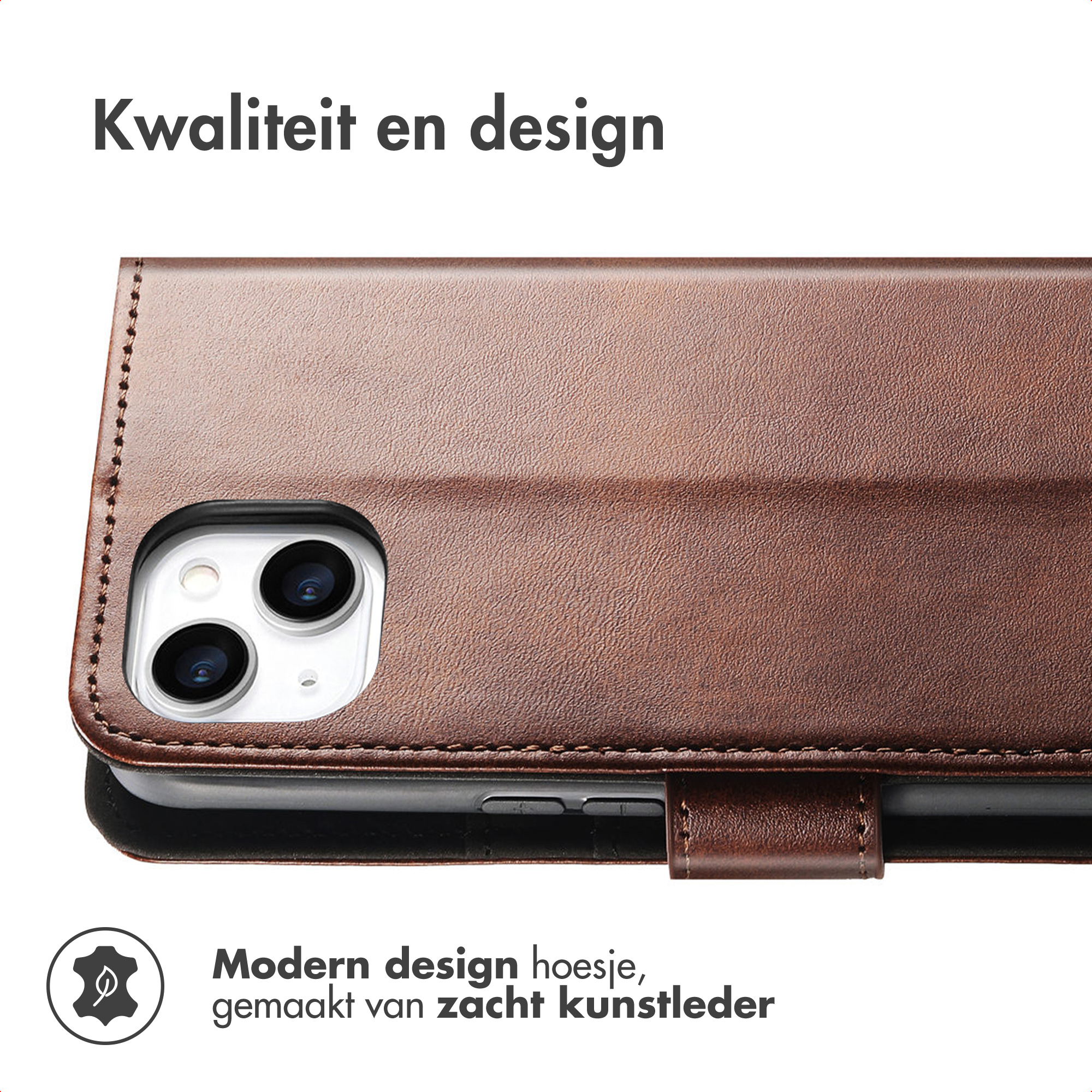 Bruine kunstlederen telefoonhoes met uitsparing voor dubbele camera.