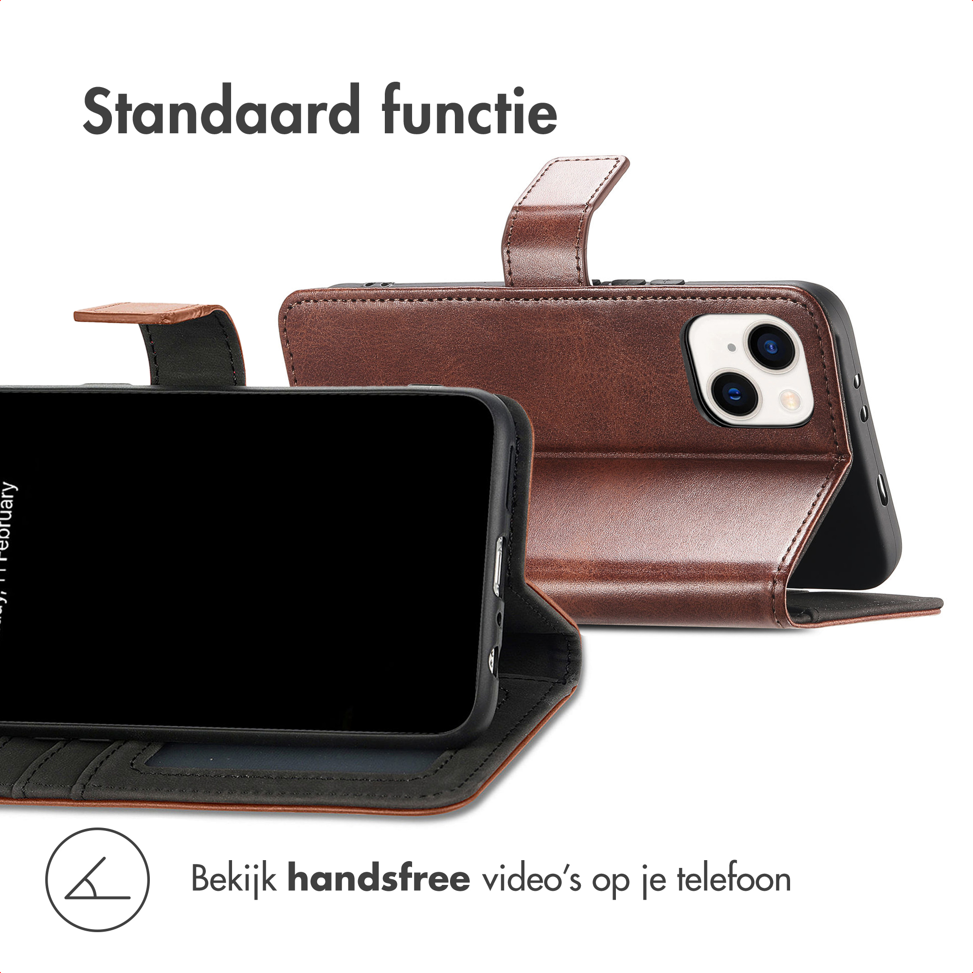 Bruine lederen telefoonhoes met iPhone, standaardfunctie en tekst.