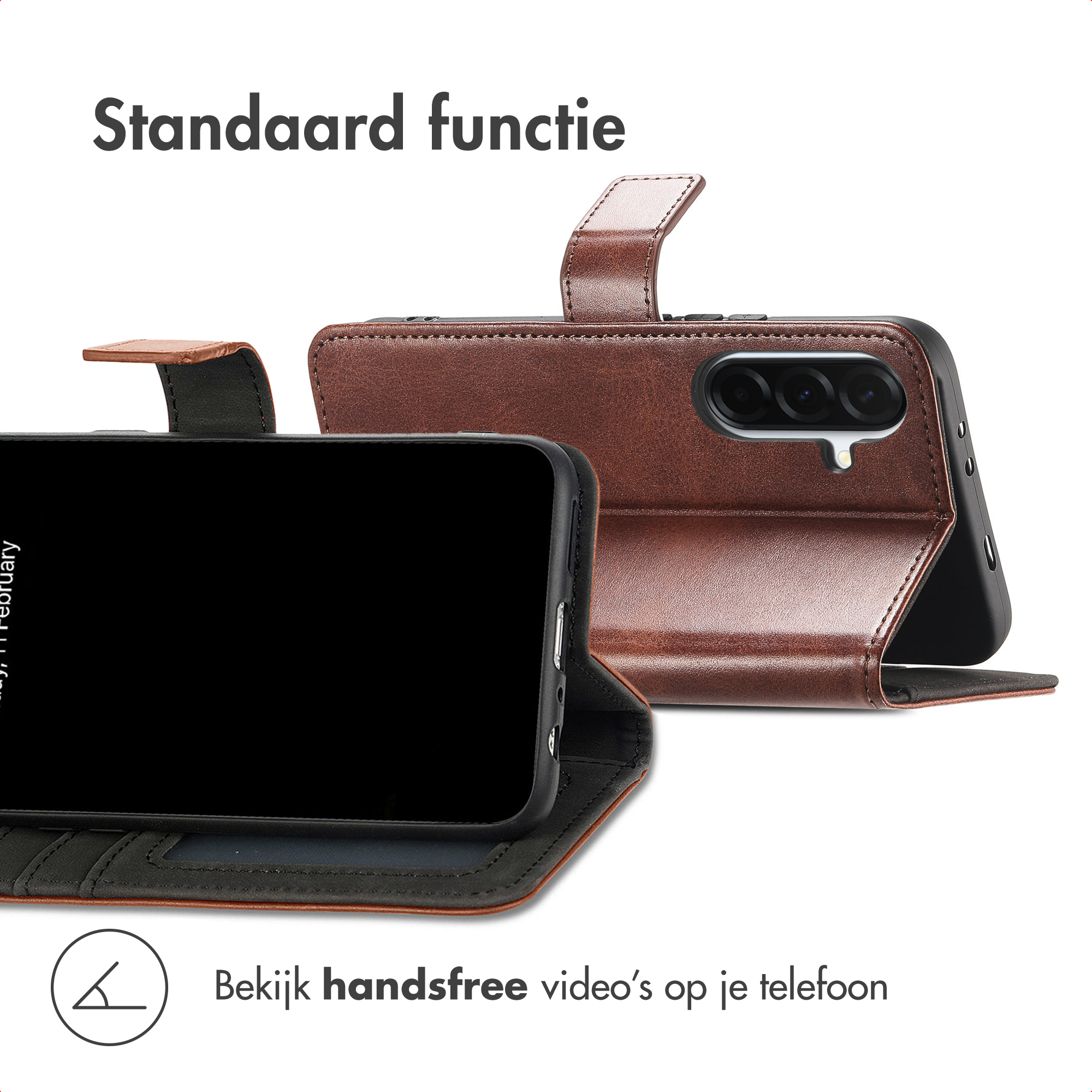 Bruine lederen hoes toont telefoon liggend met cameramodule.