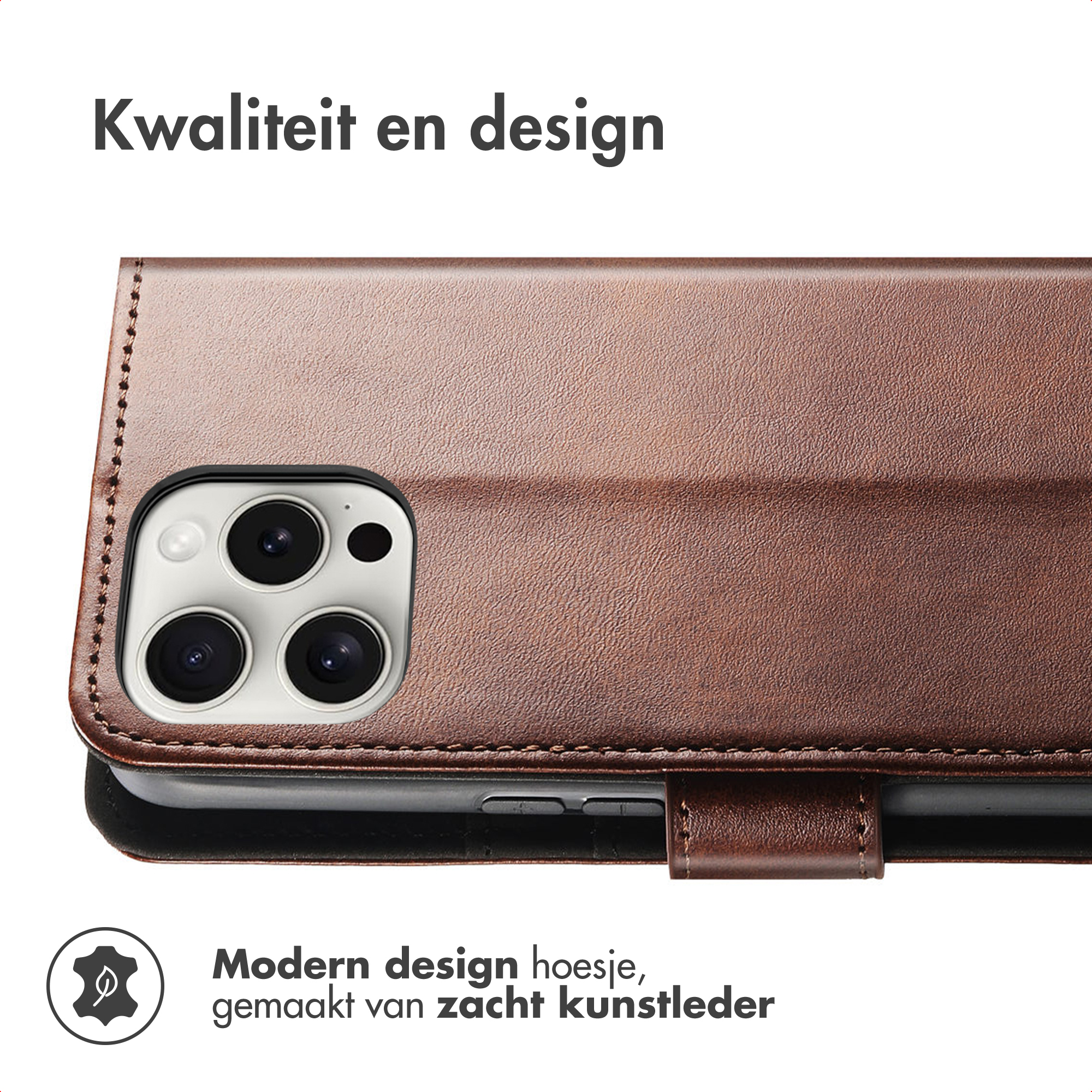 Bruine kunstlederen telefoonhoes met camera-uitsparing en tekst.