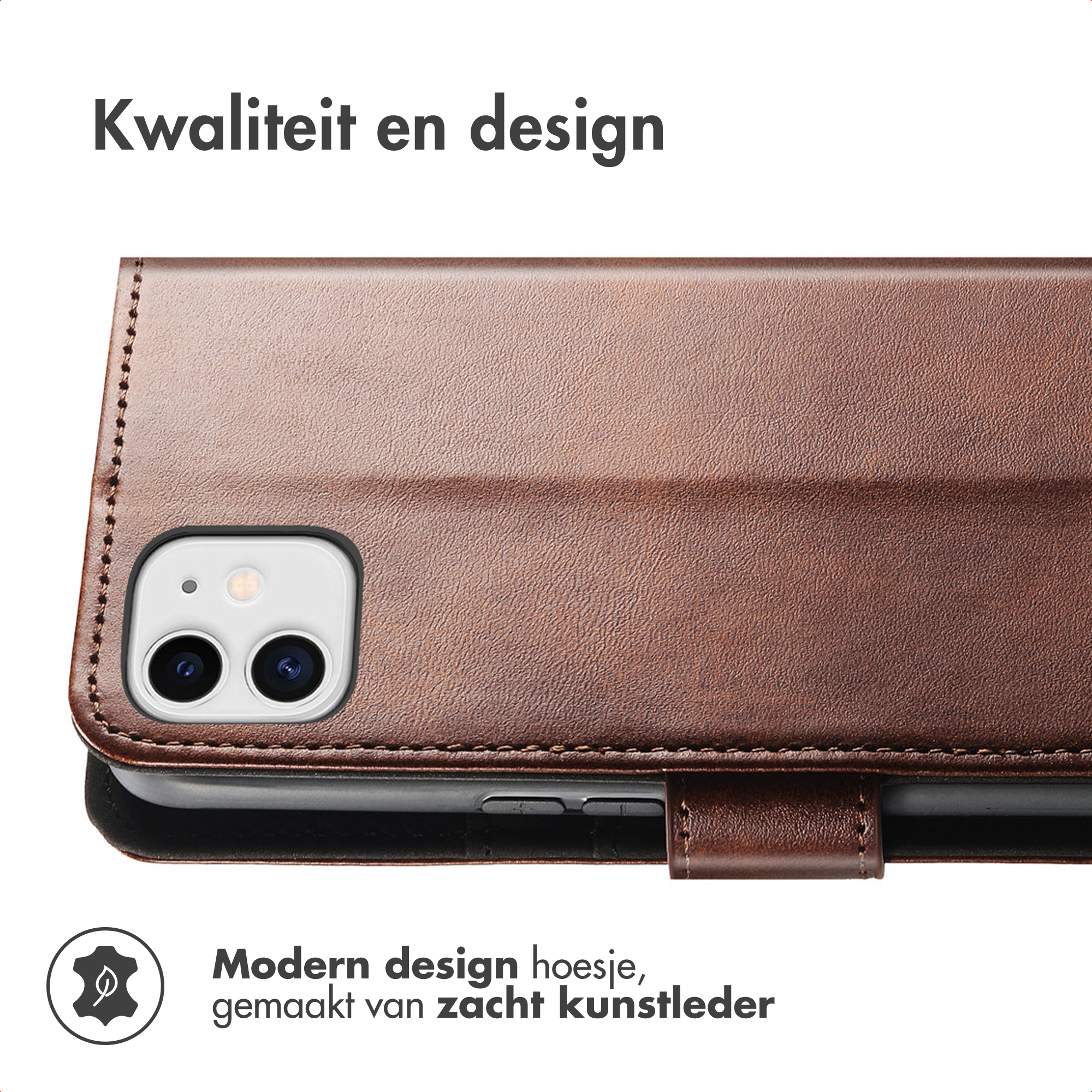 Braunes Kunstleder-Flip-Case für ein Smartphone mit zwei Kameras.