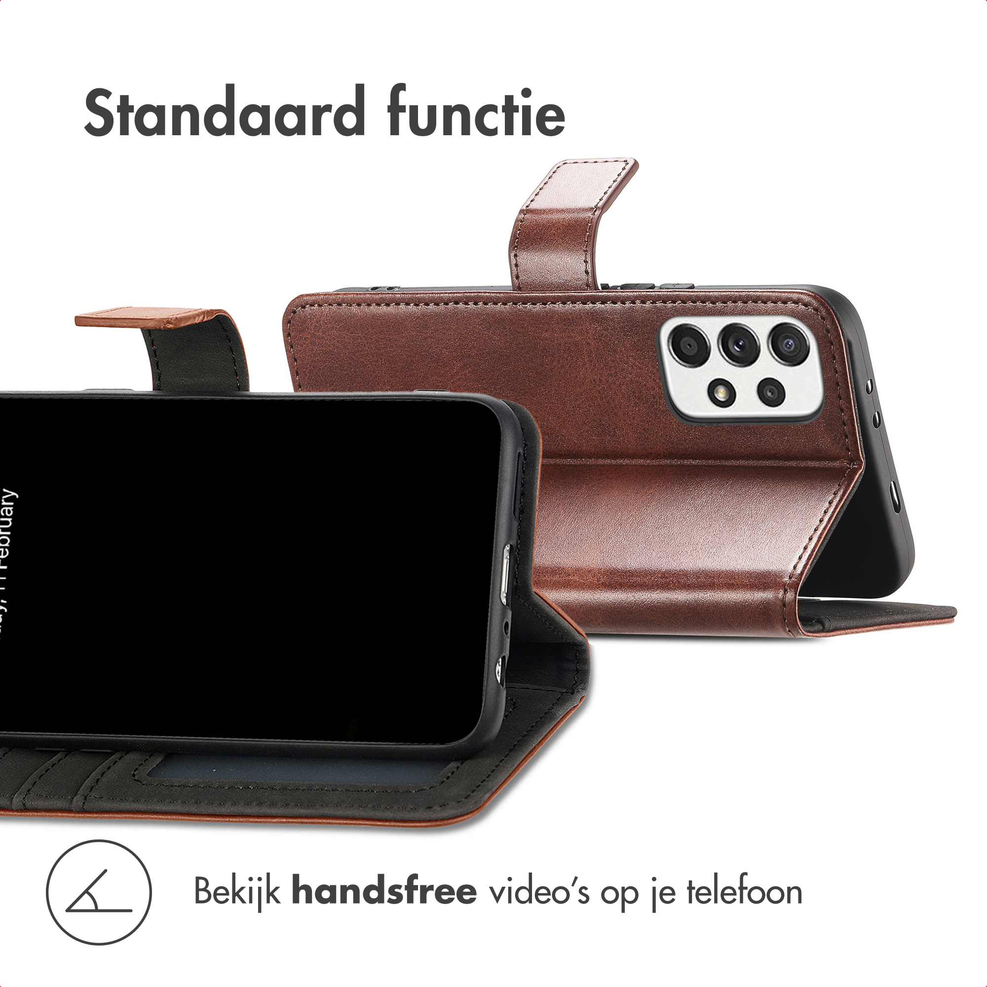 Bruine lederen telefoonhoes met telefoon voor handsfree videoweergave.