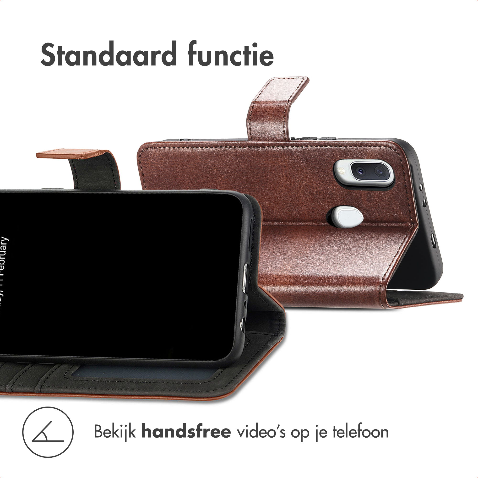 Bruine lederen flip case voor smartphone, in standaardfunctie.