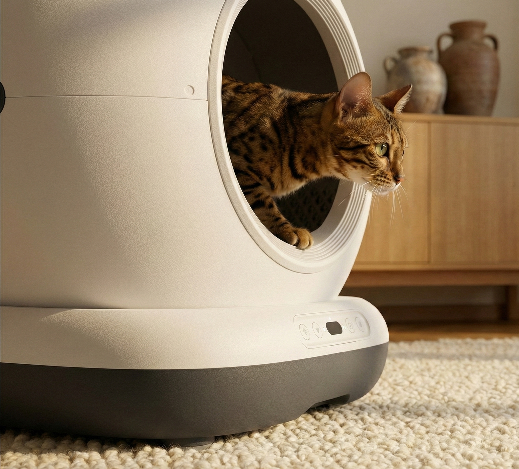 Un chat Bengal regarde hors d'une litière automatique moderne blanche sur un tapis.