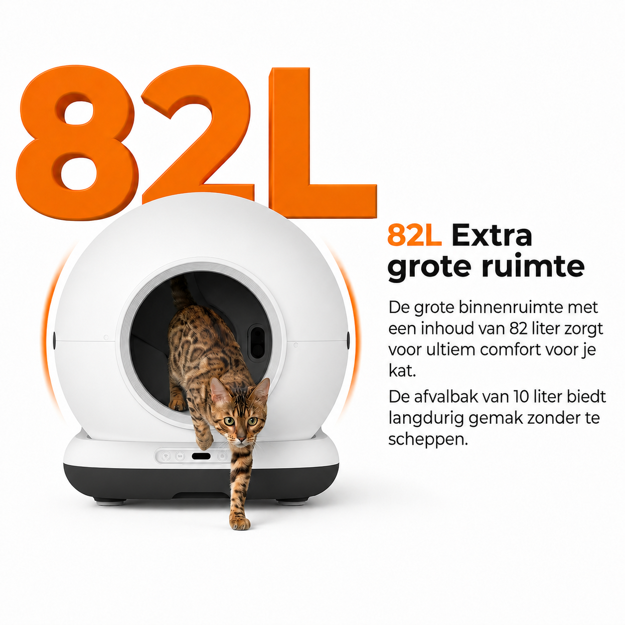 Un chat Bengal quitte une litière blanche et ronde avec le texte « 82L Grand espace supplémentaire ».