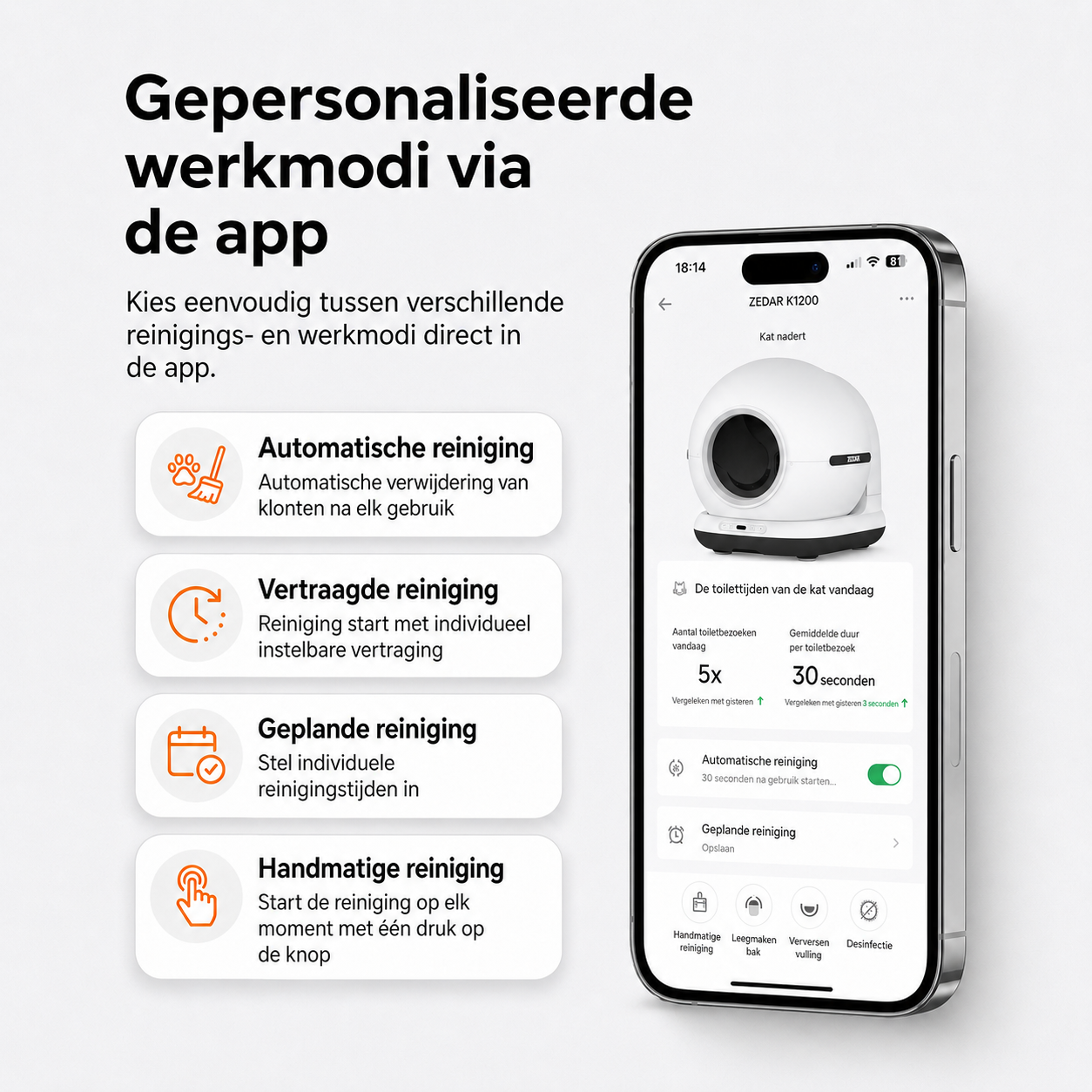 Graphique avec smartphone montrant une application de litière pour chat, avec des options de différents modes de nettoyage.