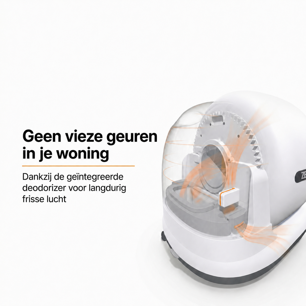 Un désodorisant blanc pour litière avec flux d'air orange.