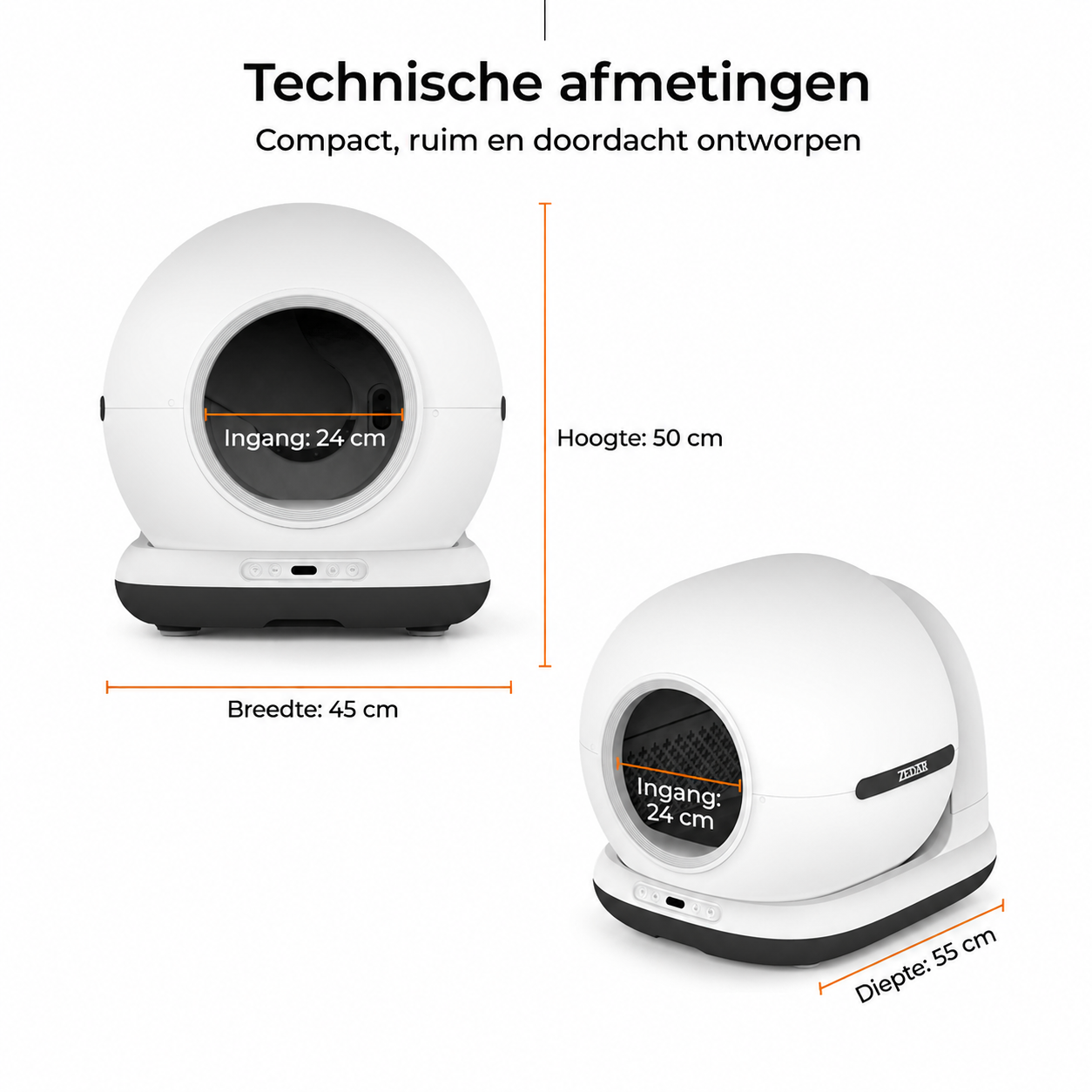 Witte kattenbak: breedte 45cm, hoogte 50cm, diepte 55cm. Ingang 24cm.