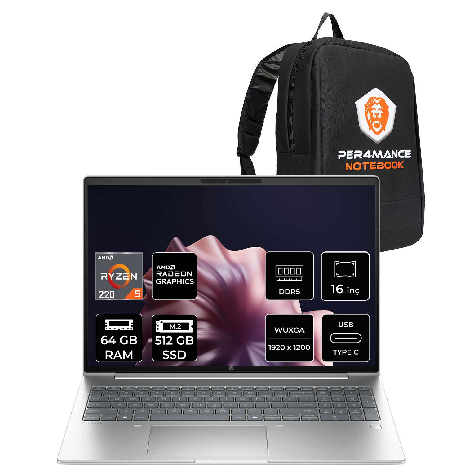 AMD Ryzen 5 CPU, 64 GB RAM, 512 GB SSD ve 16 inç ekrana sahip gümüş renkli dizüstü bilgisayar.