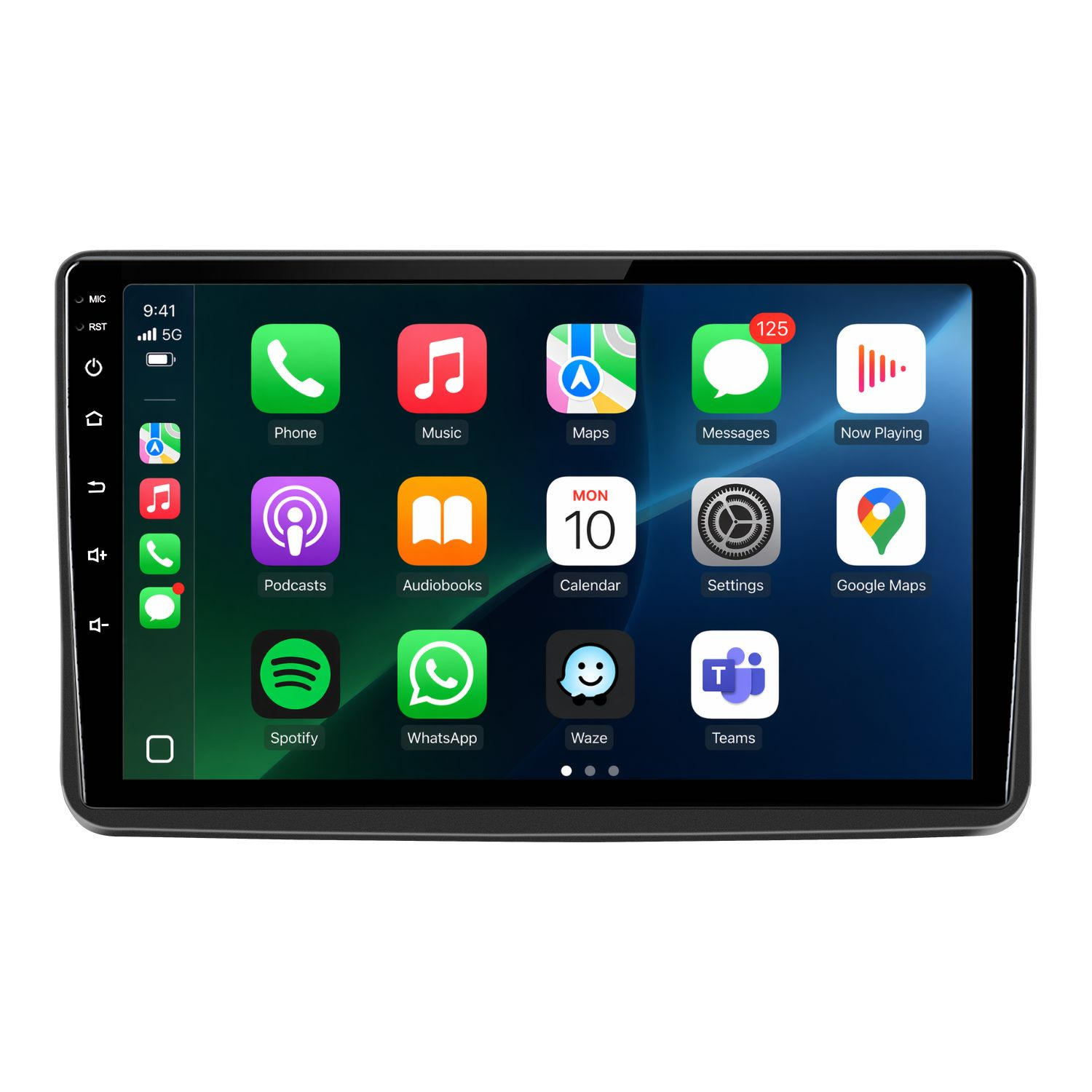 Infotainment-Bildschirm im Auto mit App-Symbolen: Telefon, Musik, Karten, Nachrichten, Wiedergabe, Podcasts, Hörbücher, Kalender, Einstellungen, Google Maps, Spotify, WhatsApp, Waze, Teams.