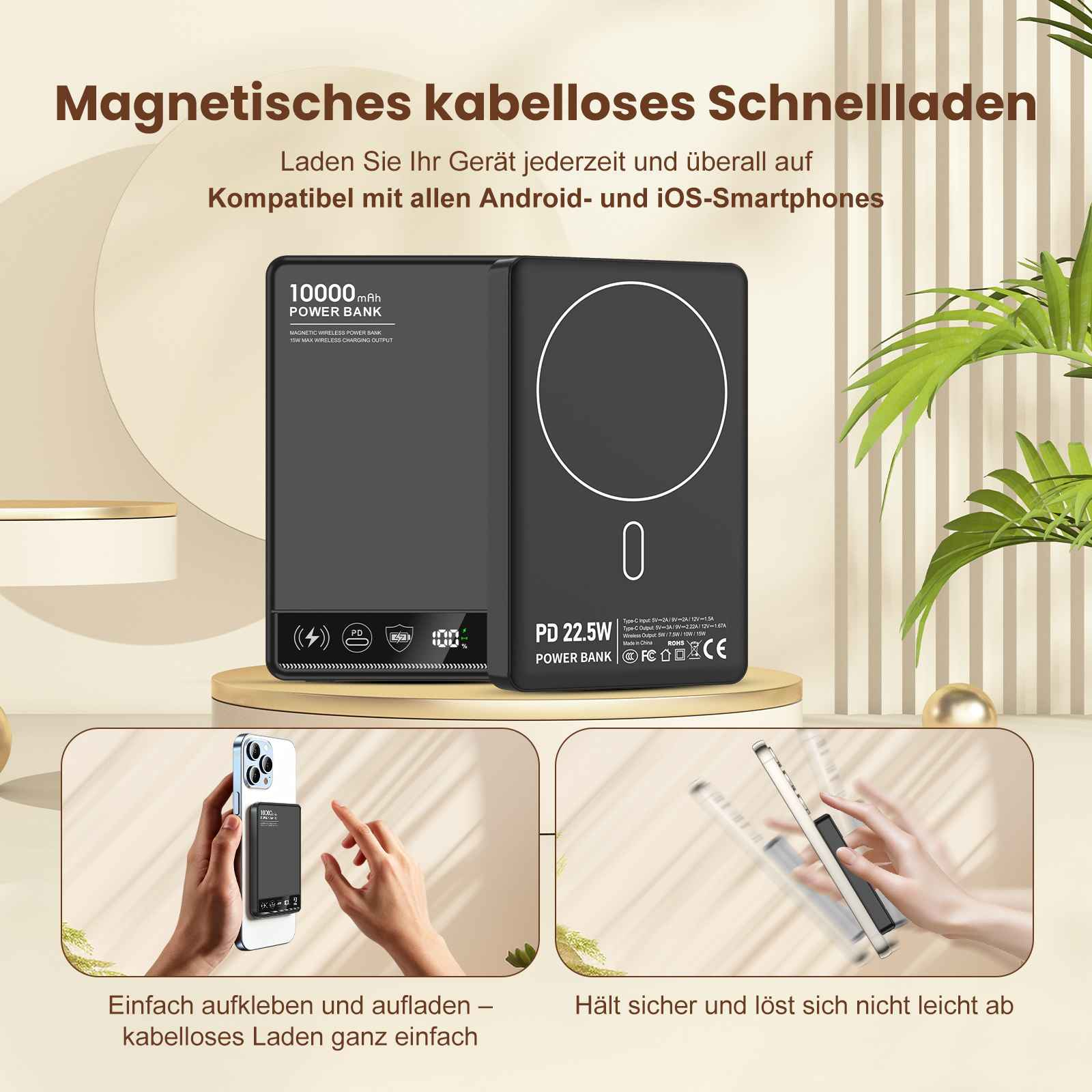 Schwarzes Powerbank mit 10000 mAh, lädt ein Handy kabellos und magnetisch auf.