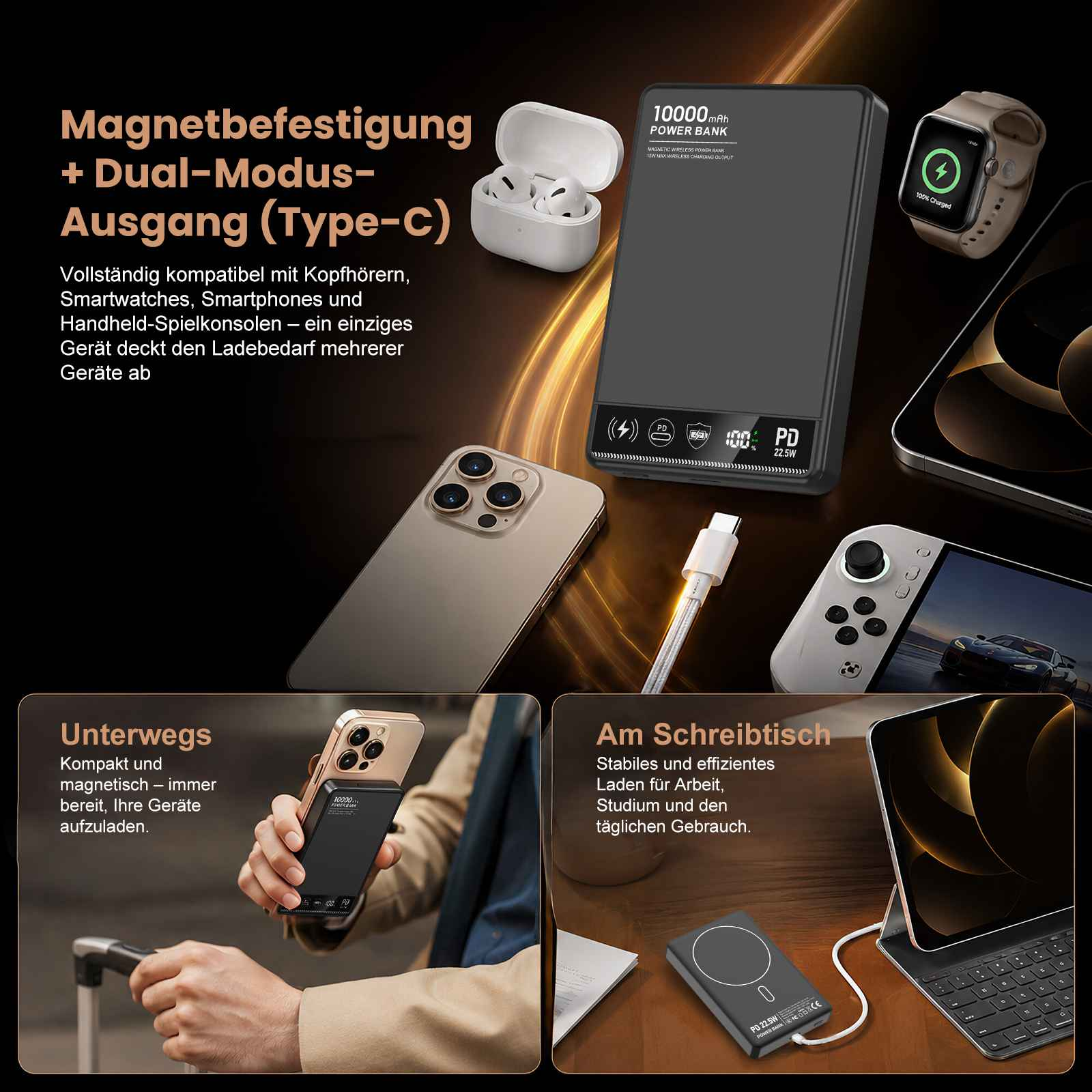 Graue Powerbank mit vielen elektronischen Geräten wie Smartphones, AirPods, Smartwatch und Spielekonsole.