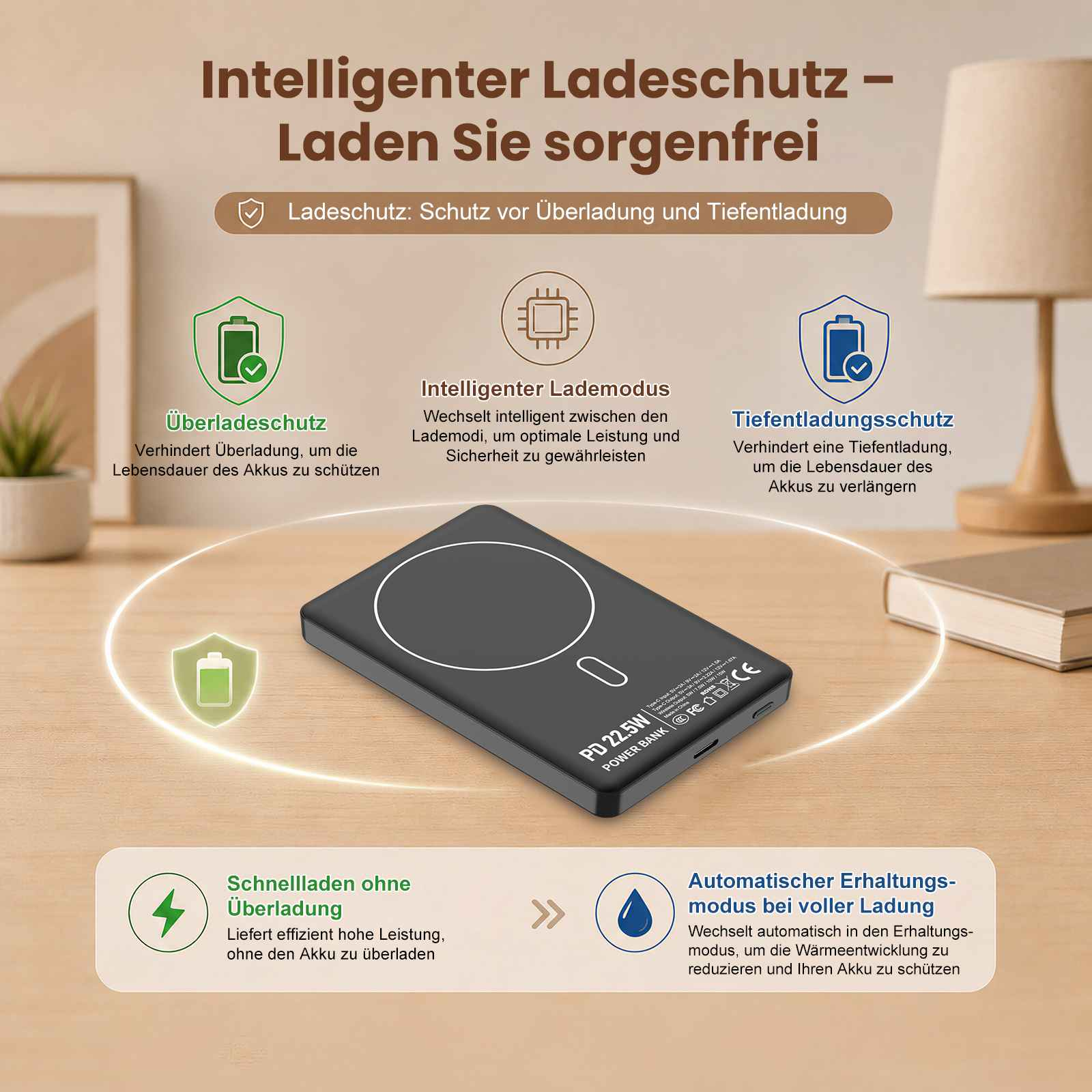 Schwarzes Powerbank mit Ladefunktionen. Intelligenter Ladeschutz, Überladungsschutz.