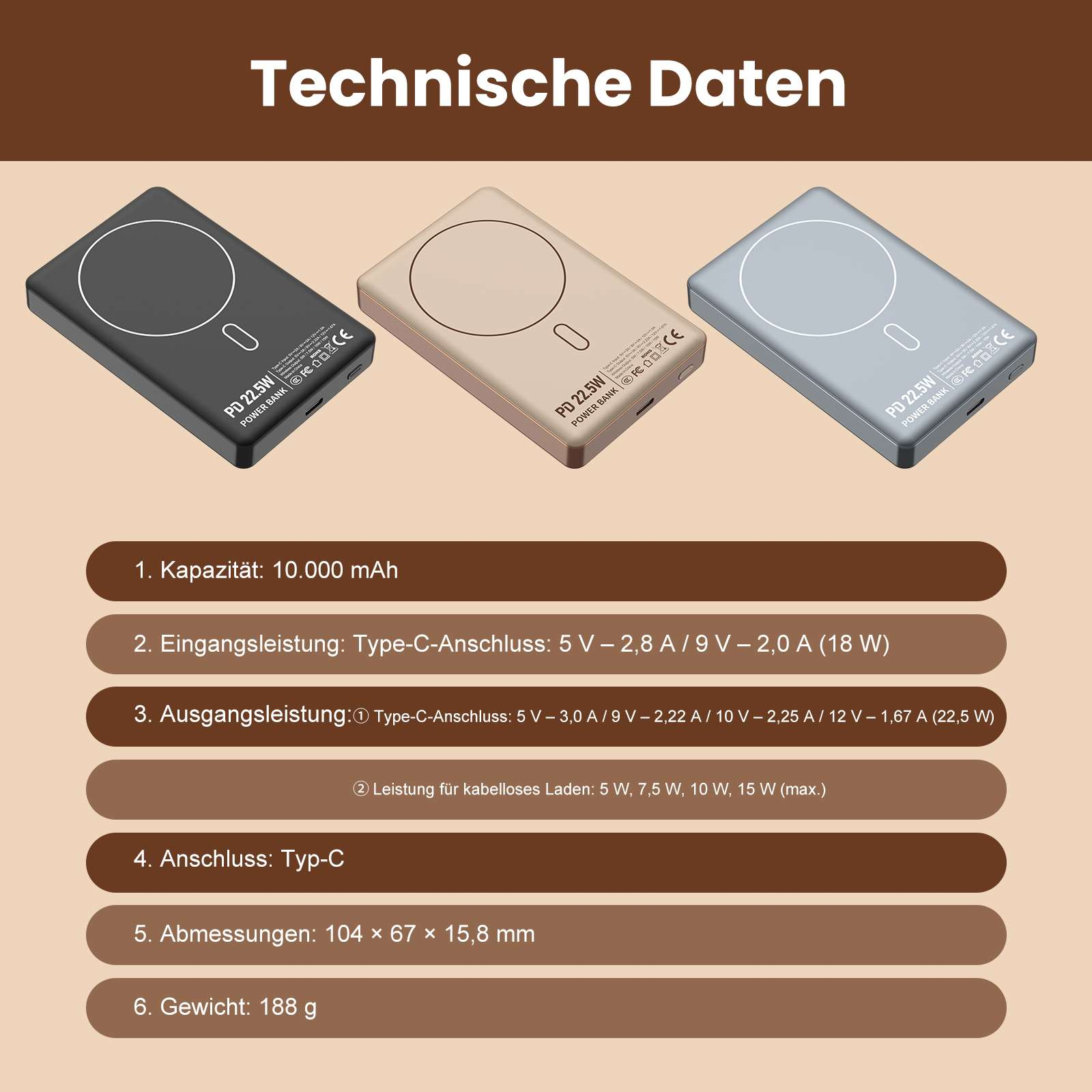 Drei Powerbanks in Schwarz, Gold und Silber mit technischen Daten.