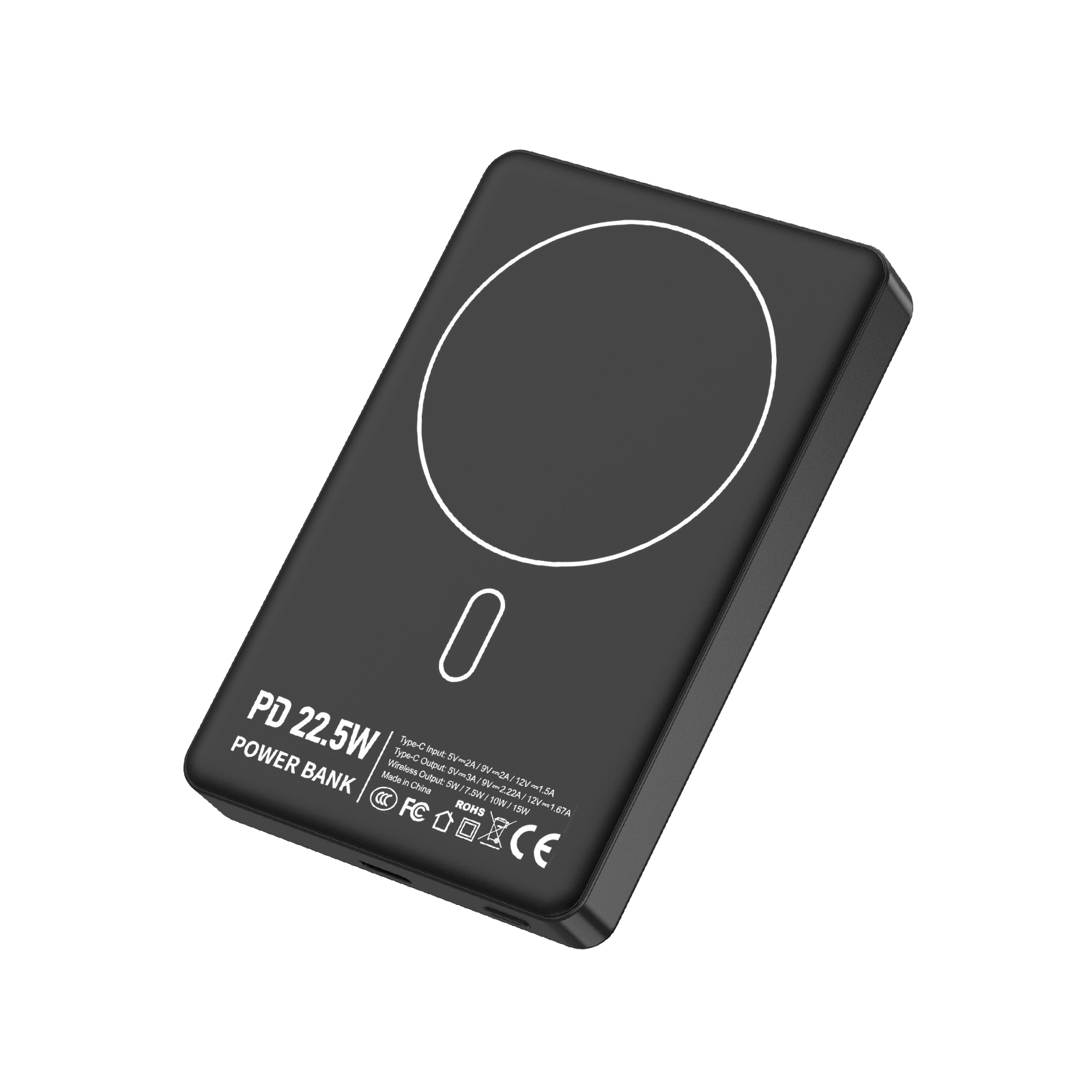 Schwarzes Powerbank mit 22,5W PD, kreisförmigem Magnet-Ladebereich.