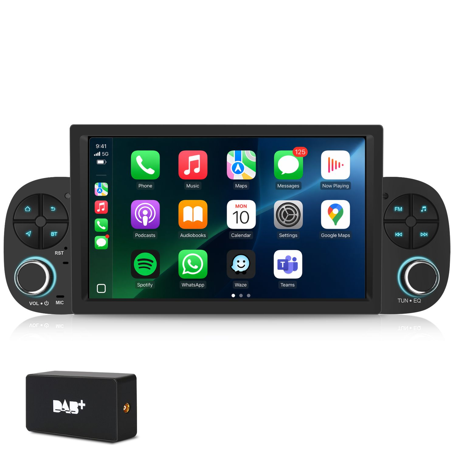 Ein Autoradio mit Touchscreen, das Apps wie Telefon, Musik und Karten anzeigt. Daneben eine DAB+-Box.