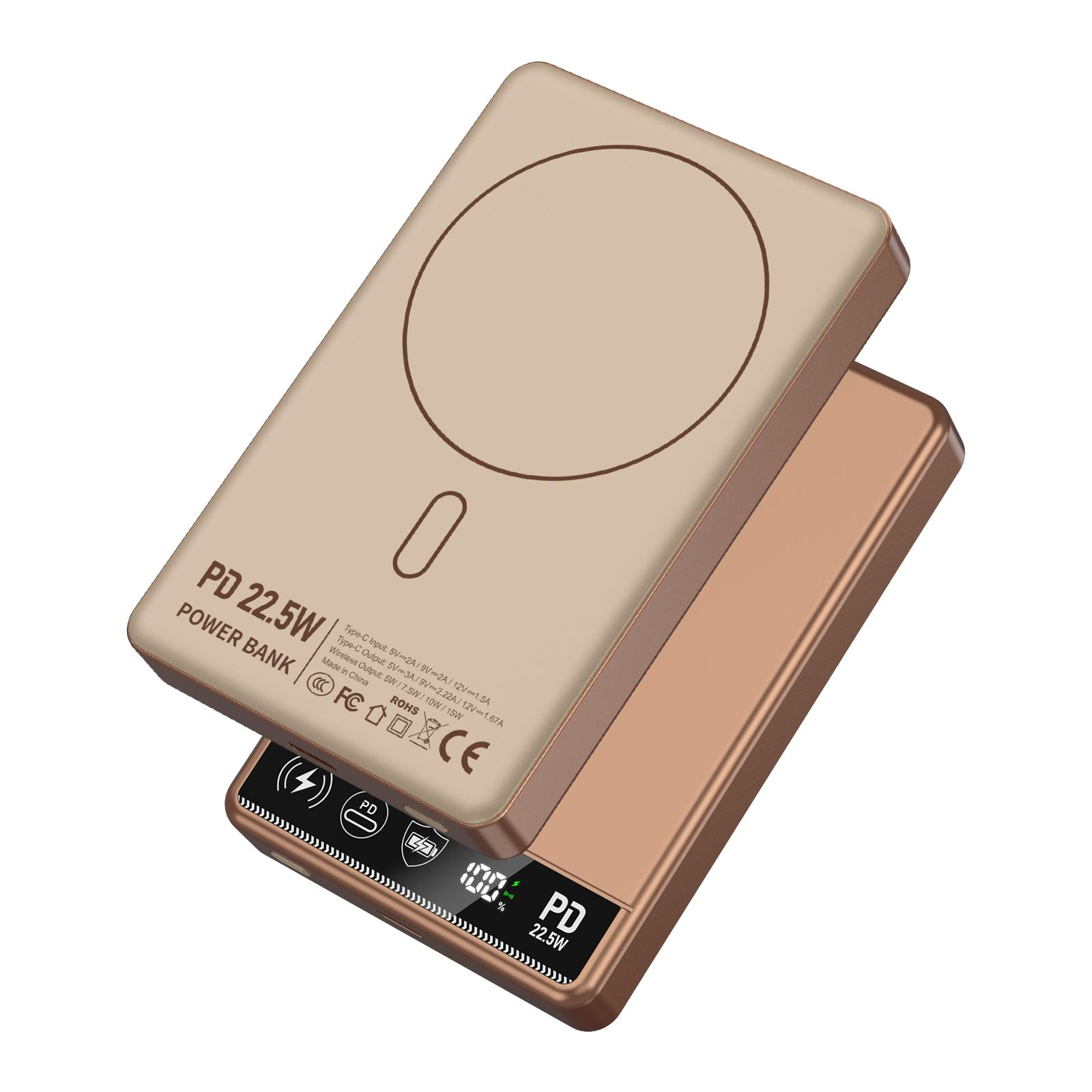 Zwei goldene Powerbanks liegen übereinander. Eine zeigt PD 22.5W an.