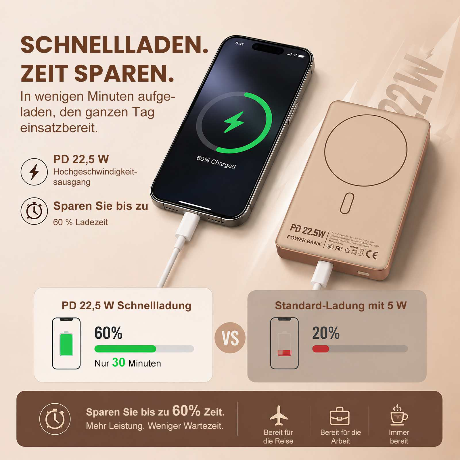 Ein iPhone wird mit einem goldfarbenen Powerbank-Ladegerät geladen.