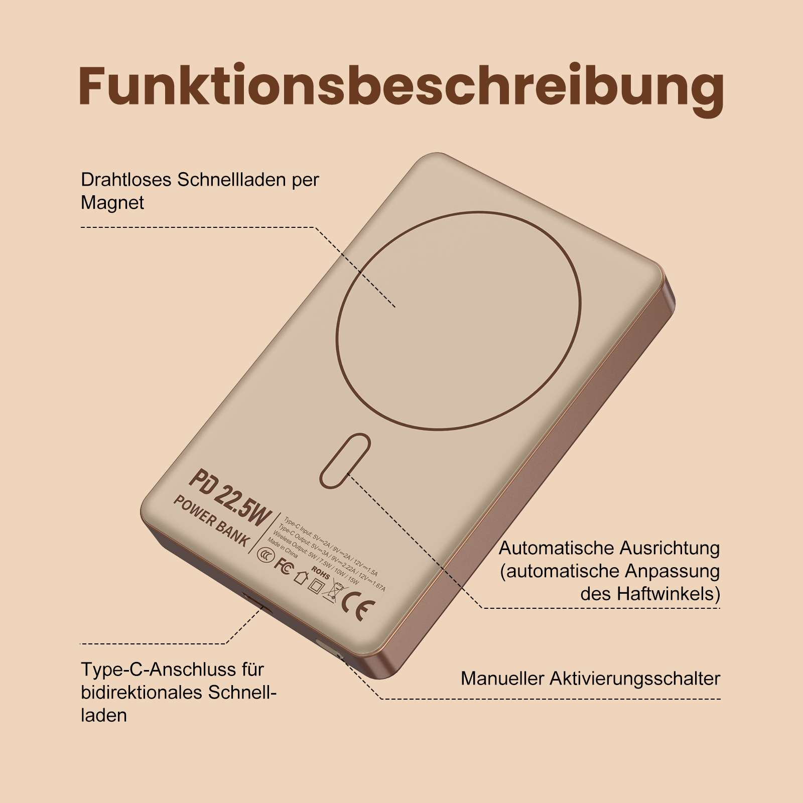 Ein goldener Powerbank mit magnetischem kabellosem Laden, PD 22.5W.