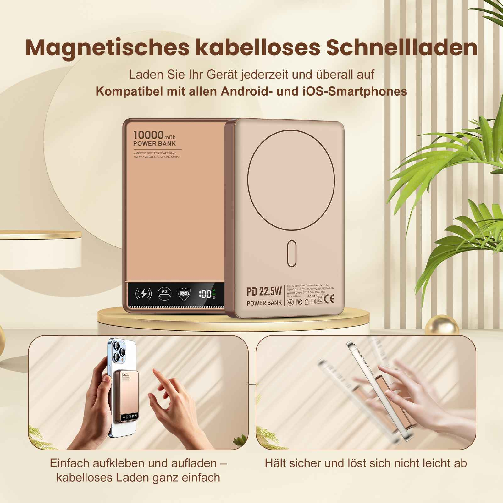 Ein beigefarbenes kabelloses Ladegerät und eine Powerbank mit 10000 mAh.