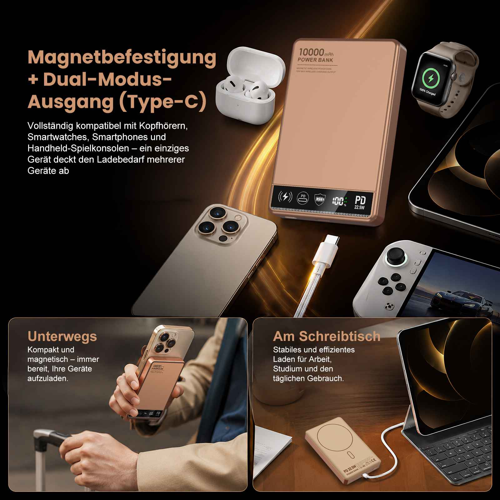 Goldene Powerbank mit verschiedenen Geräten wie Smartphone, Uhr, Kopfhörer.