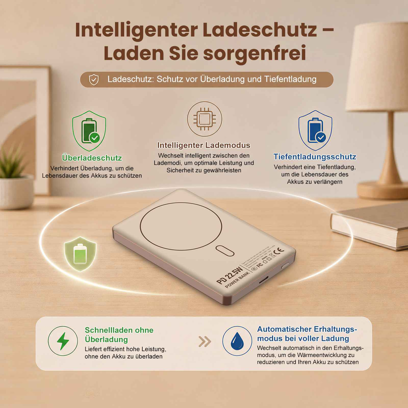 Powerbank mit Lade- und Tiefentladungsschutz, Schnellladen und Erhaltungsmodus.