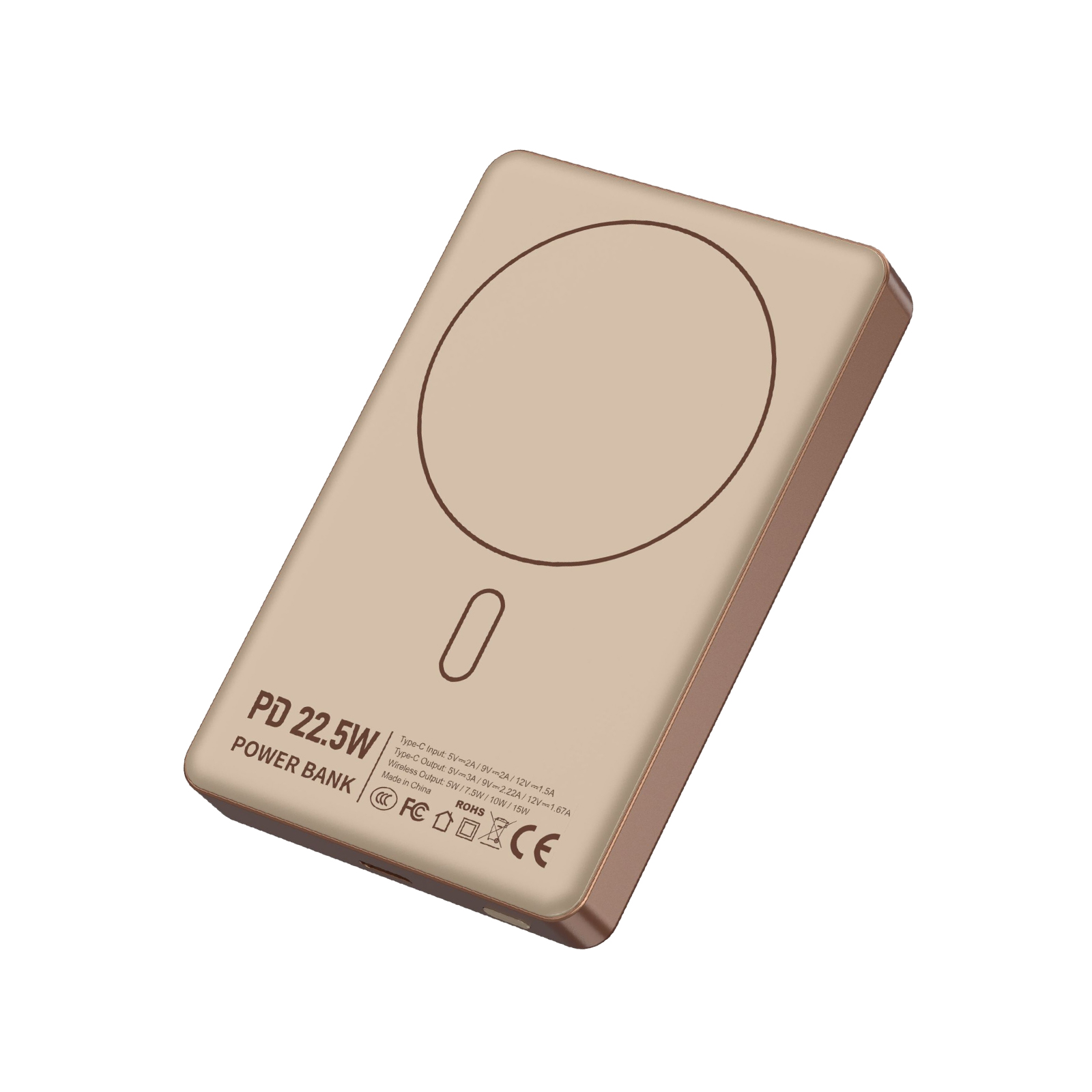 Goldene Powerbank mit PD 22,5W und Ladeanzeige. Mit Text.