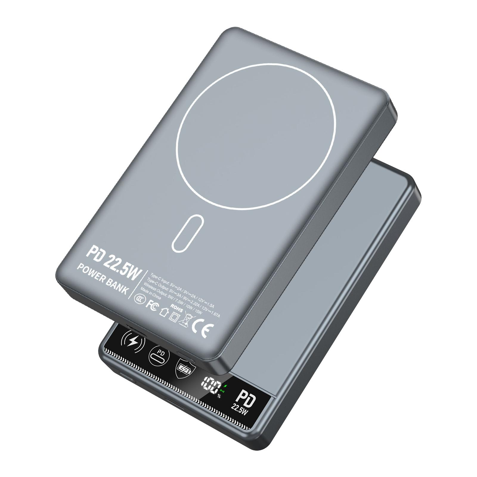 Grauer Powerbank mit Ladeanzeige und runder kabelloser Ladefläche.