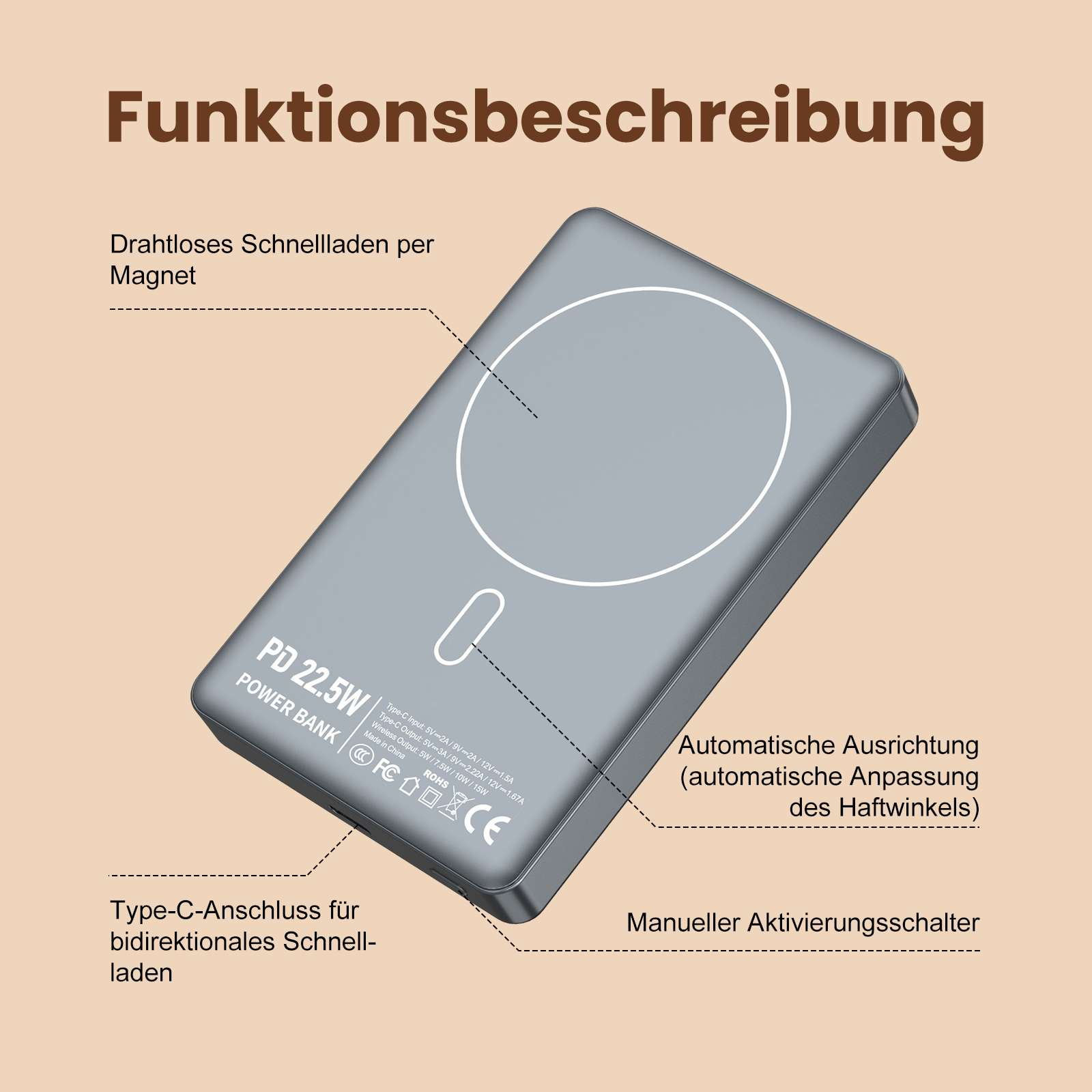 Graues Powerbank mit magnetischer Ladefläche und Beschriftungen.