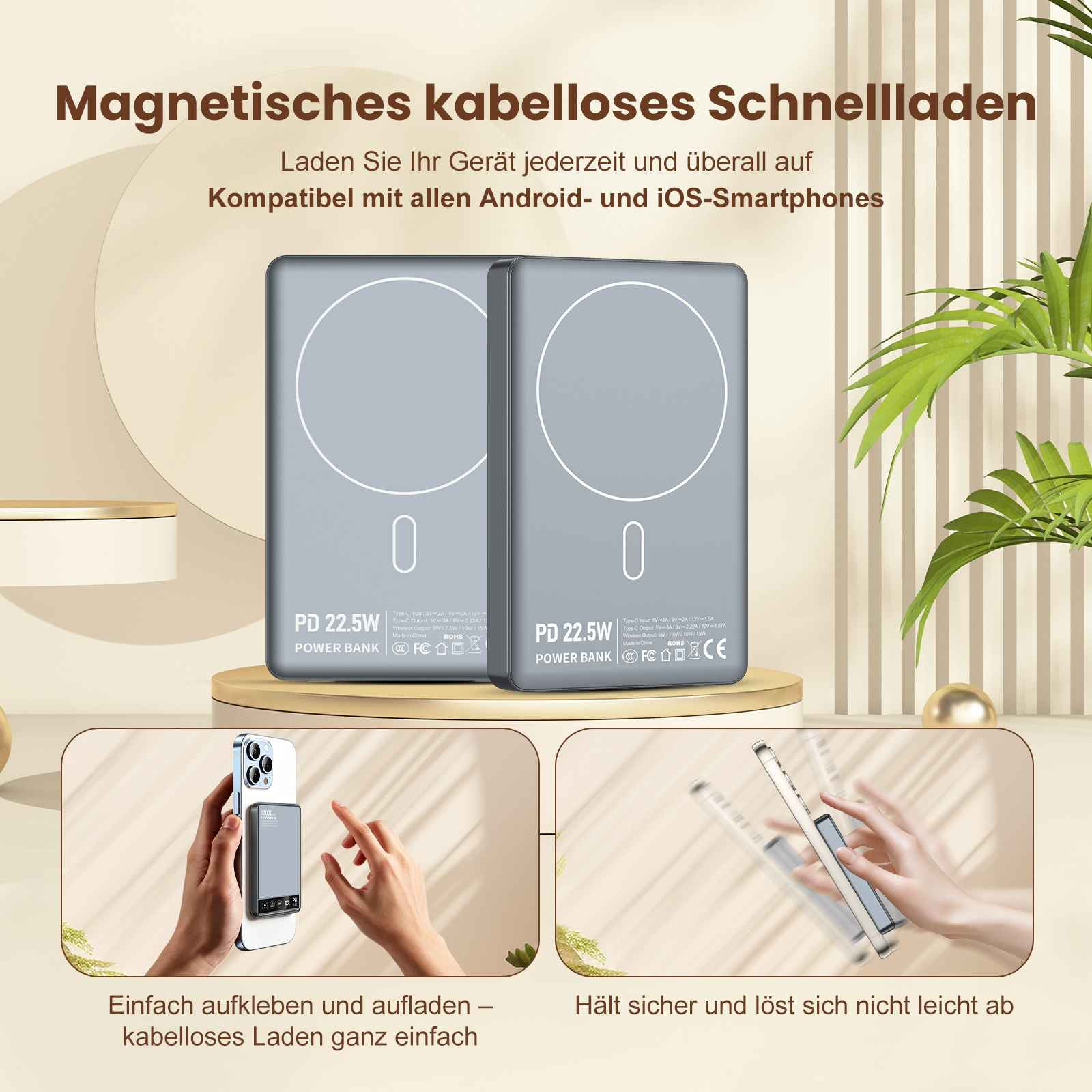 Zwei graue Powerbanks mit Ladekreis und PD 22.5W-Aufschrift.