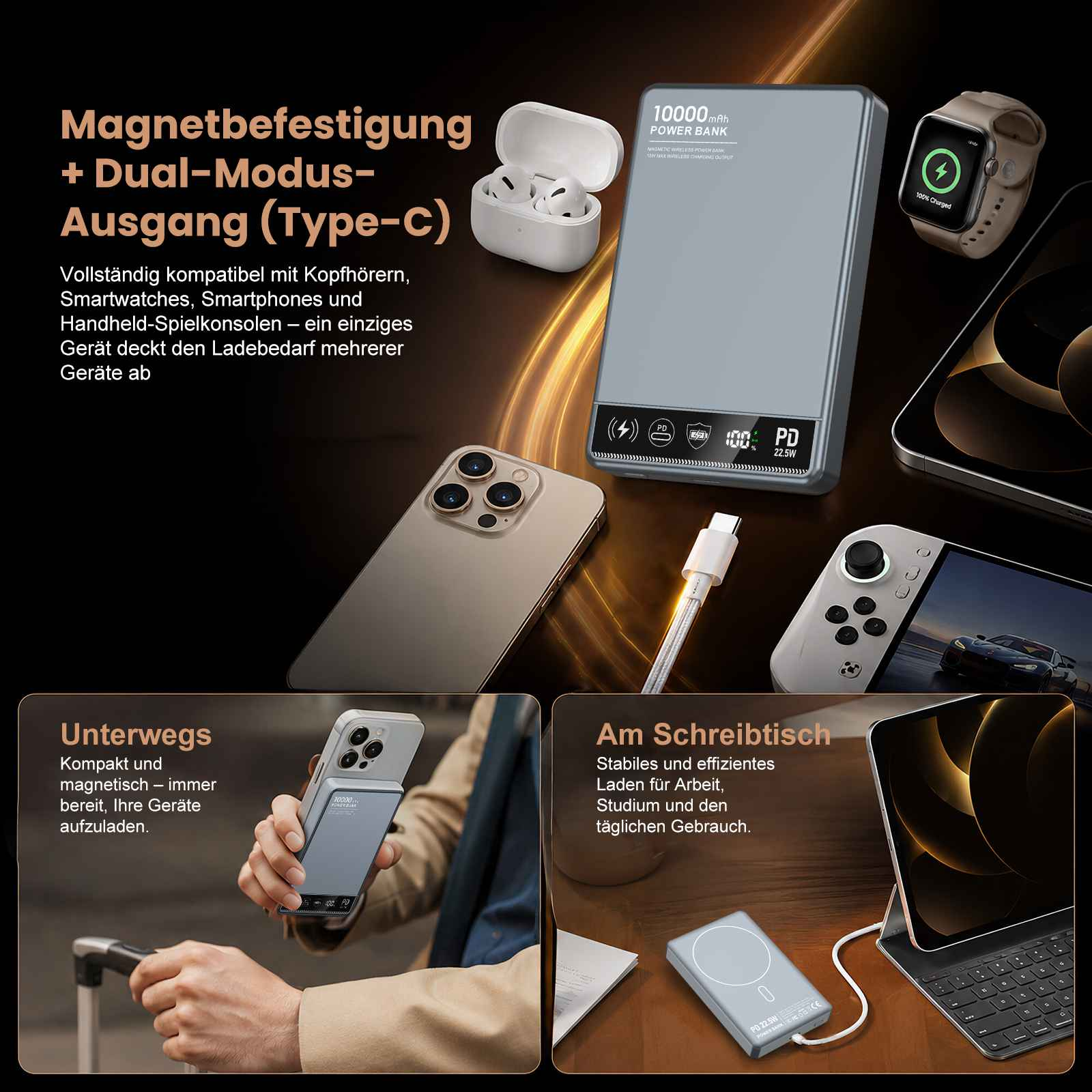 Graue Powerbank mit AirPods, Smartphone, Smartwatch und Handheld-Konsole.