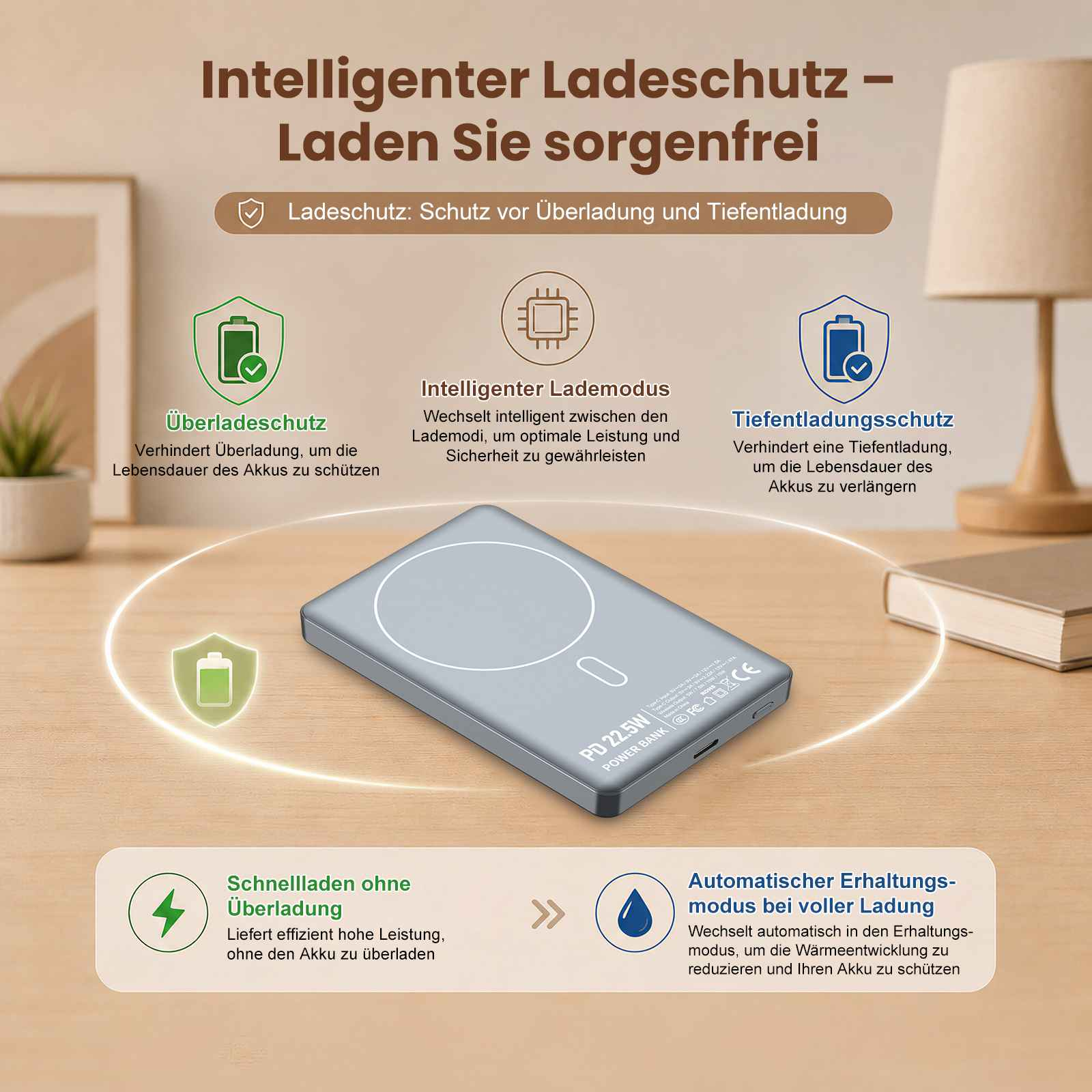 Graue Powerbank mit Ladeanzeige, bietet Überladungs-, Tiefentladungs- und Erhaltungsladeschutz.
