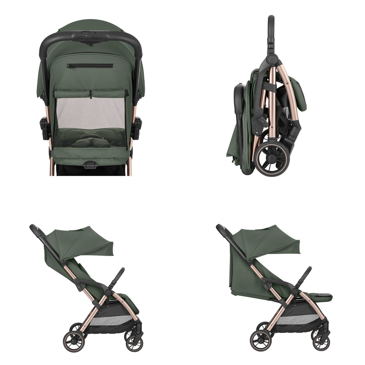 Ein dunkelgrüner Kinderwagen mit goldenem Rahmen, offen und zusammengeklappt.