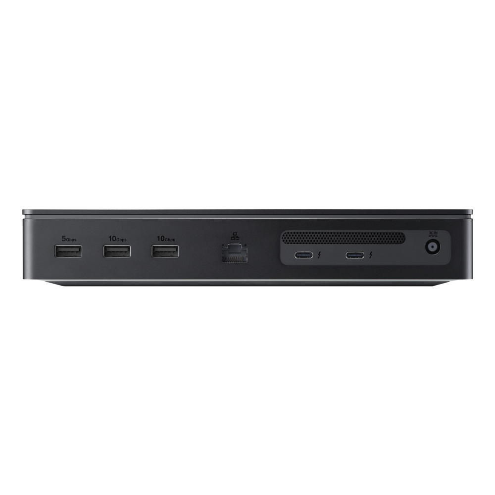 Czarna stacja dokująca z portami USB, Ethernet, Thunderbolt i wejściem zasilania.