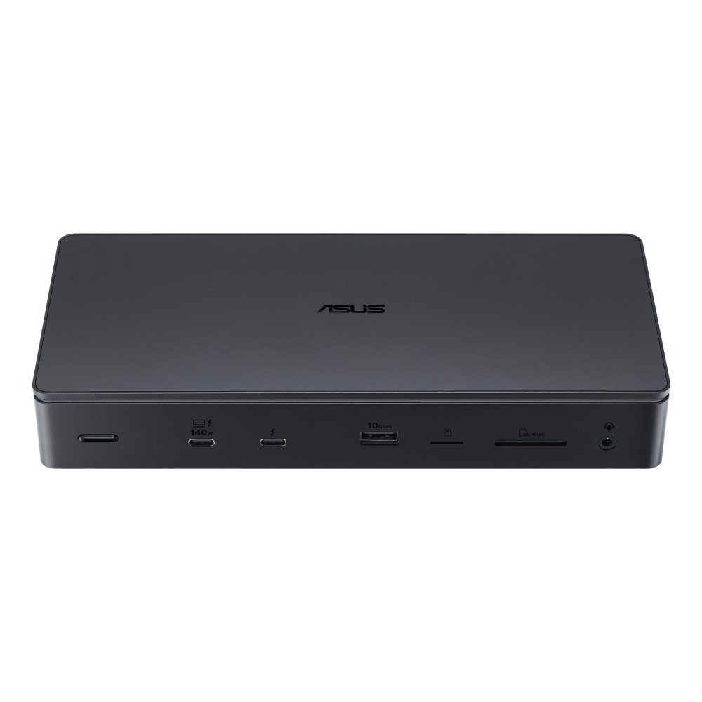 Czarna stacja dokująca ASUS z portami USB-C, USB-A, kart SD i audio.