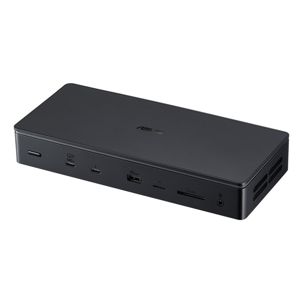 Czarna stacja dokująca ASUS z portami: USB-C (140W), Thunderbolt, USB-A, czytnik kart SD i słuchawki.