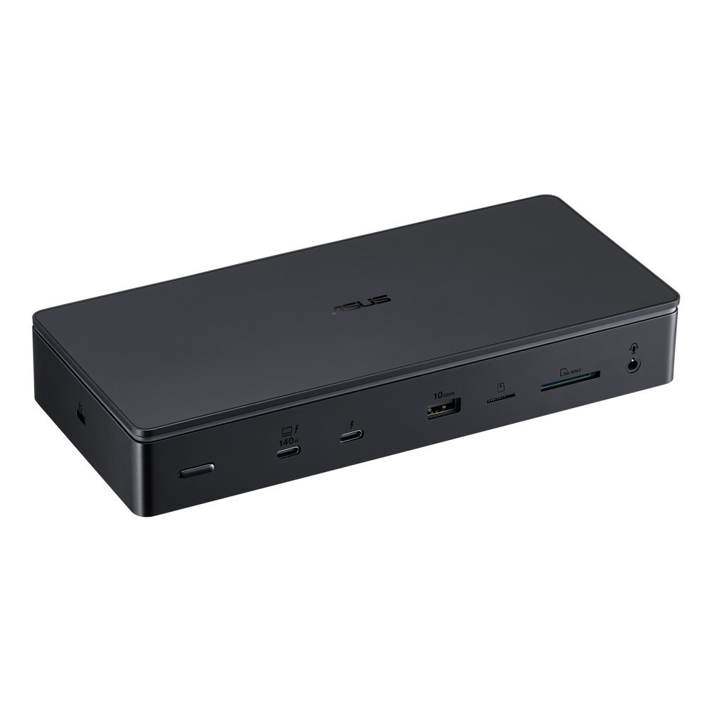 Czarna stacja dokująca ASUS z USB-C, USB-A, czytnikiem kart SD i gniazdem audio.