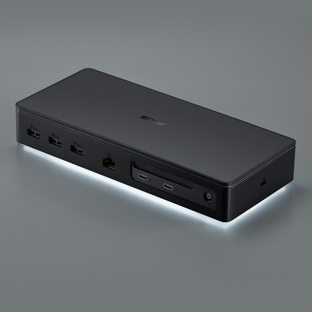 Czarna stacja dokująca ASUS z wieloma portami: USB-A, USB-C, Ethernet, zasilanie.