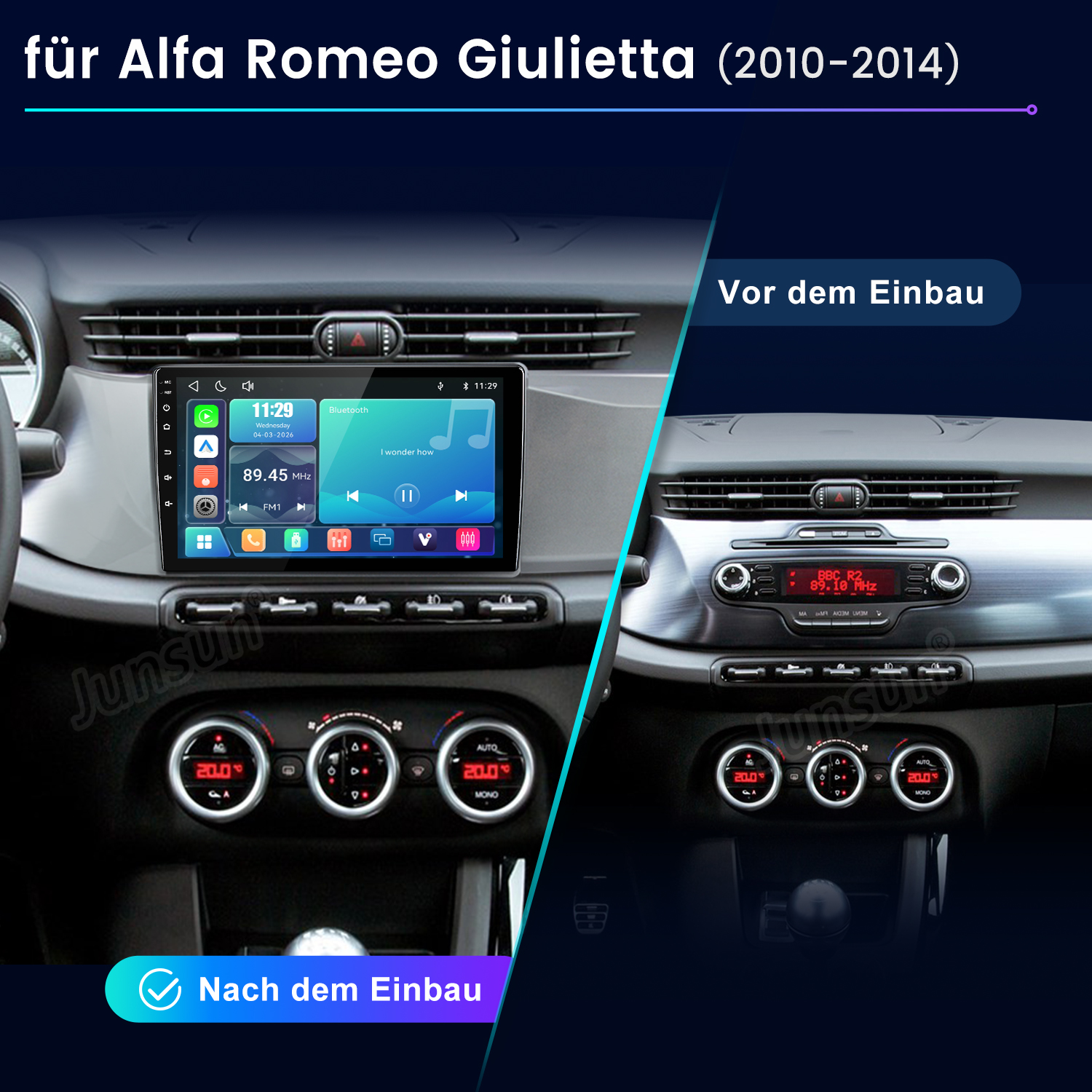 Vergleich des Infotainment-Systems eines Alfa Romeo Giulietta vor und nach dem Einbau.
