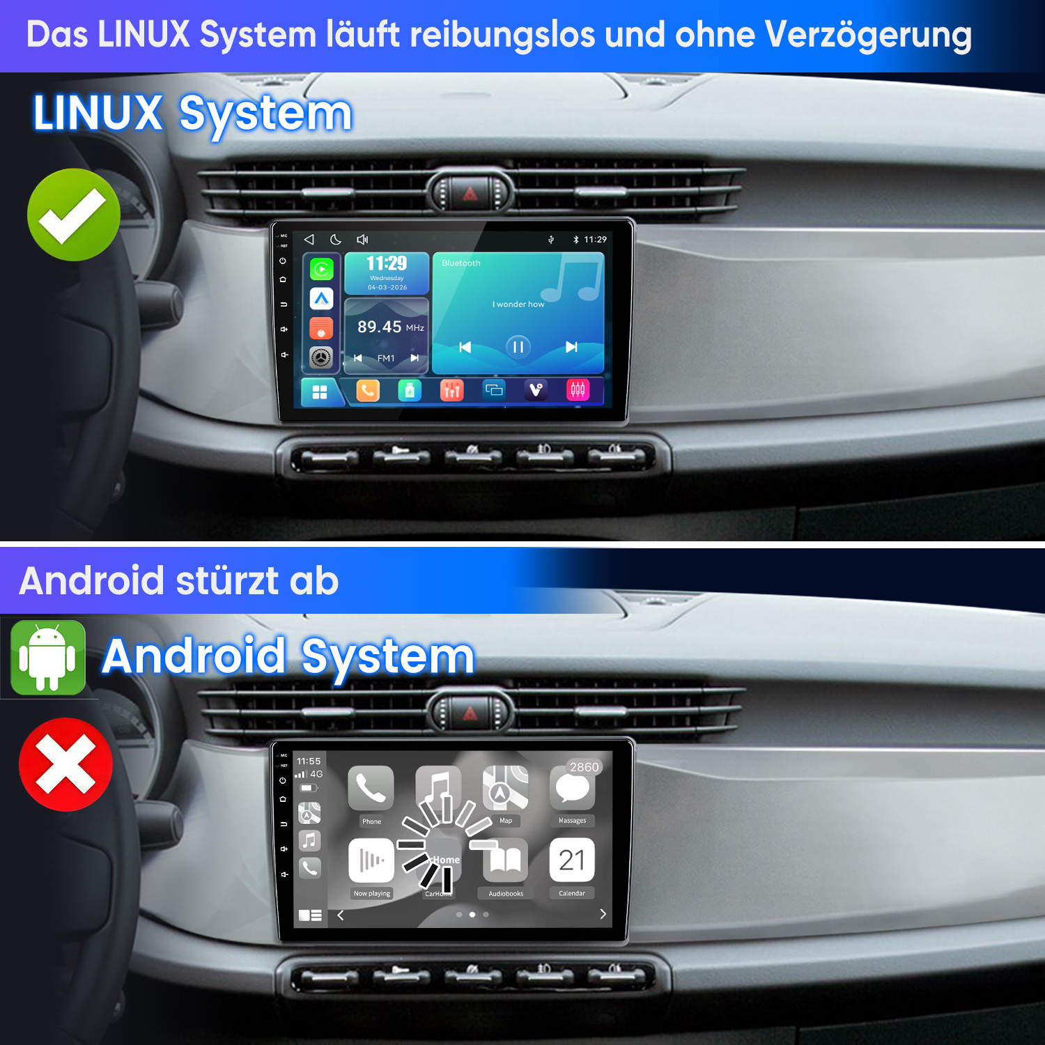 Oben: Linux-System. Unten: Android-System mit Fehler.