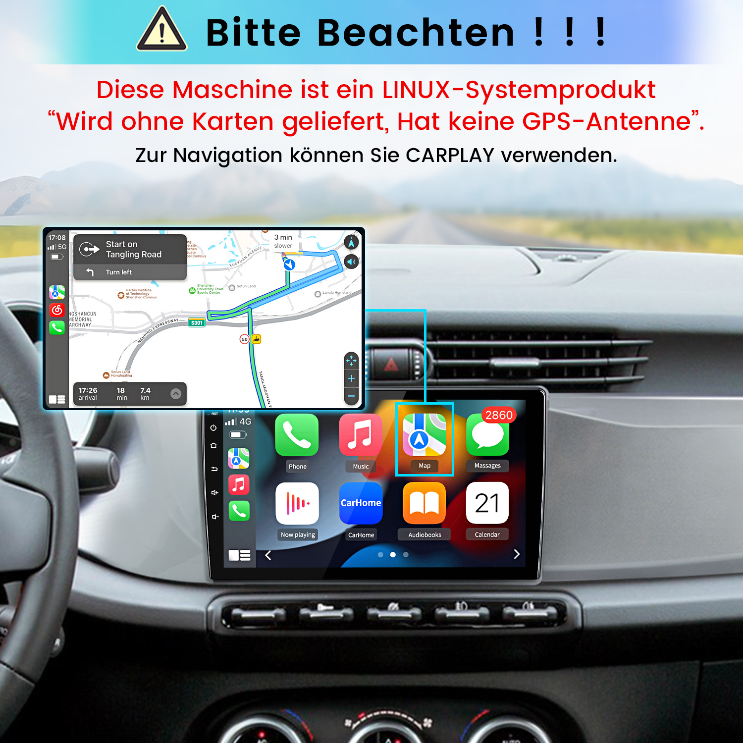 Auto-Infotainment mit CarPlay-Navigation und App-Übersicht. Warnhinweis auf Deutsch.