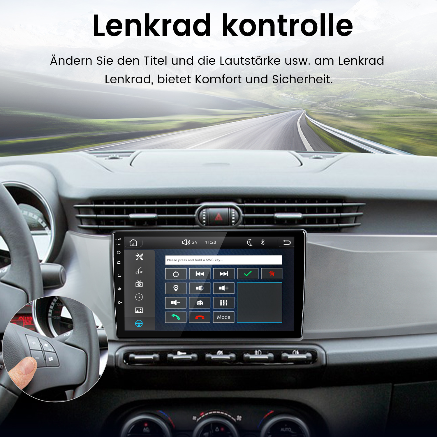 Ein Finger drückt auf eine Taste am Lenkrad eines Autos. Ein Touchscreen-Display zeigt Steuerelemente.