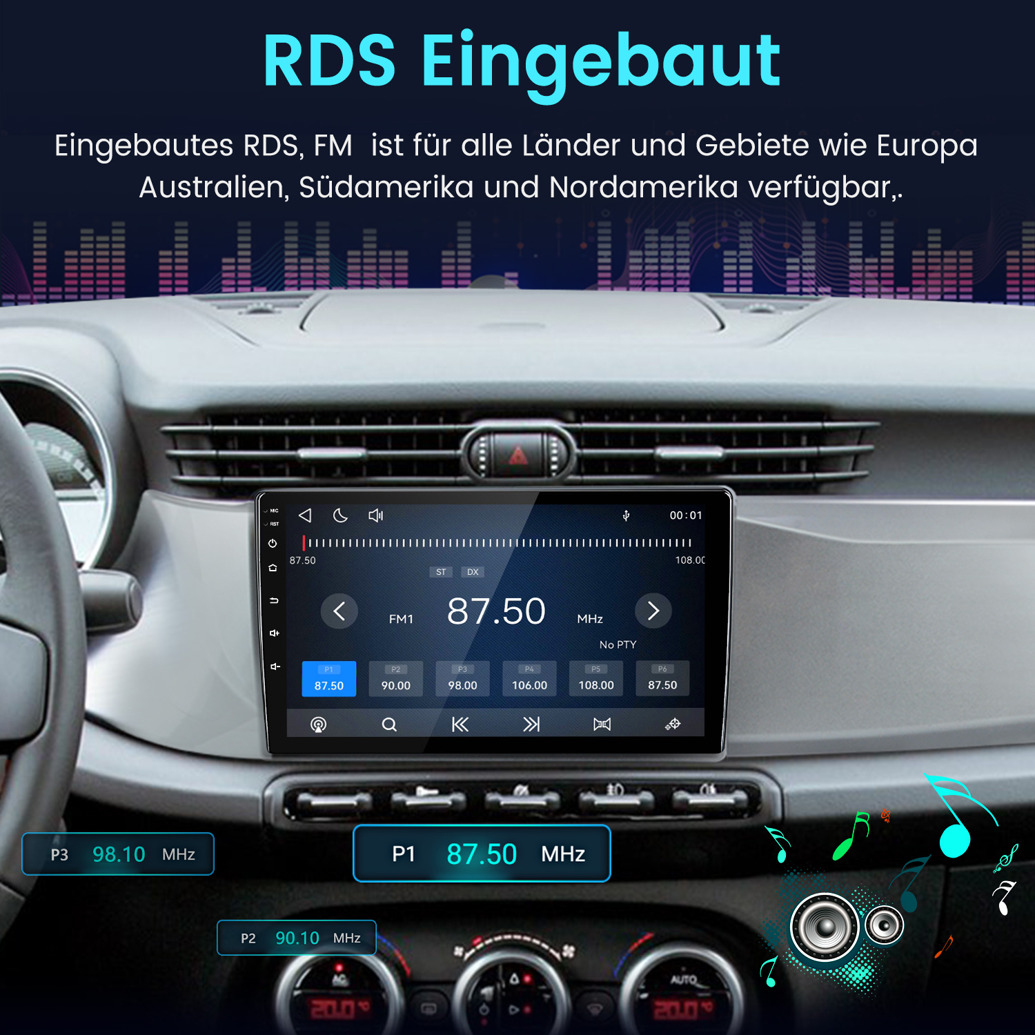 Ein Autoradio-Display zeigt FM-Sender mit Frequenzen. RDS eingebaut.