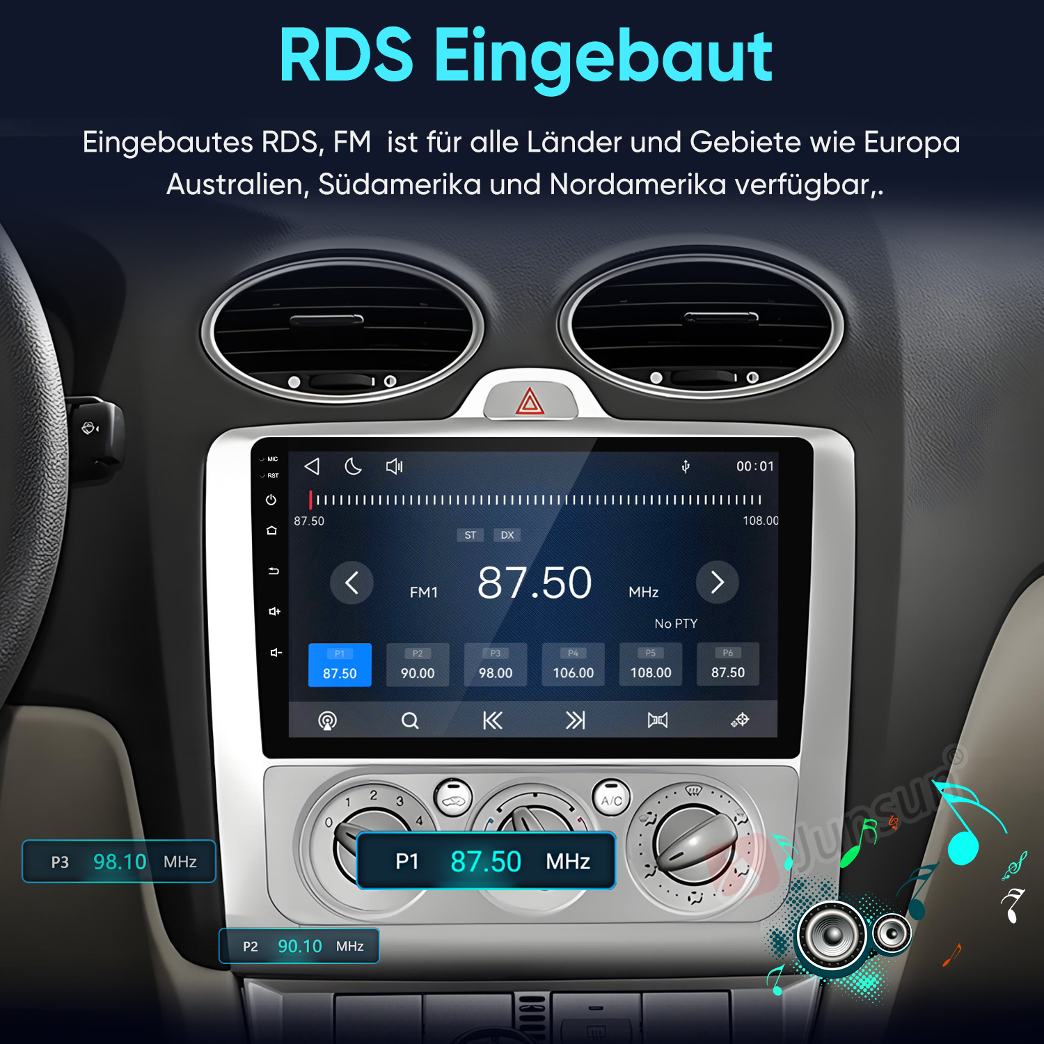 Einbau-RDS-FM-Autoradio mit Touchscreen-Anzeige, das Sender anzeigt.