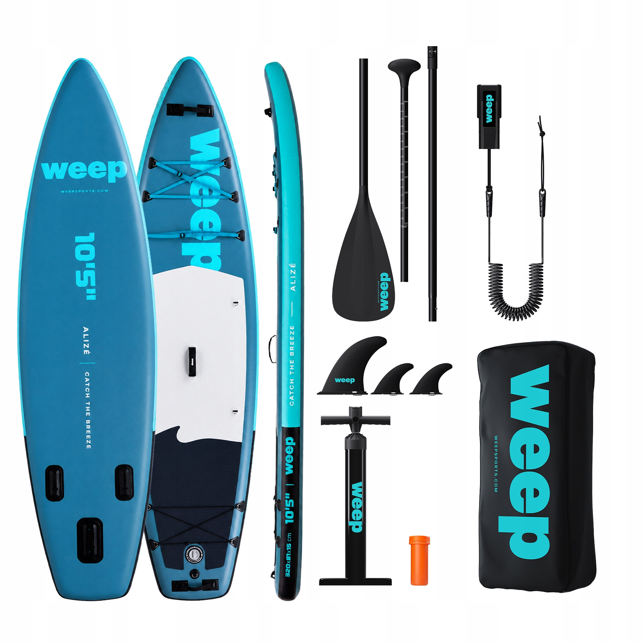 Nadmuchiwany zestaw do paddleboardingu z wiosłem, pompką i akcesoriami na białym tle.